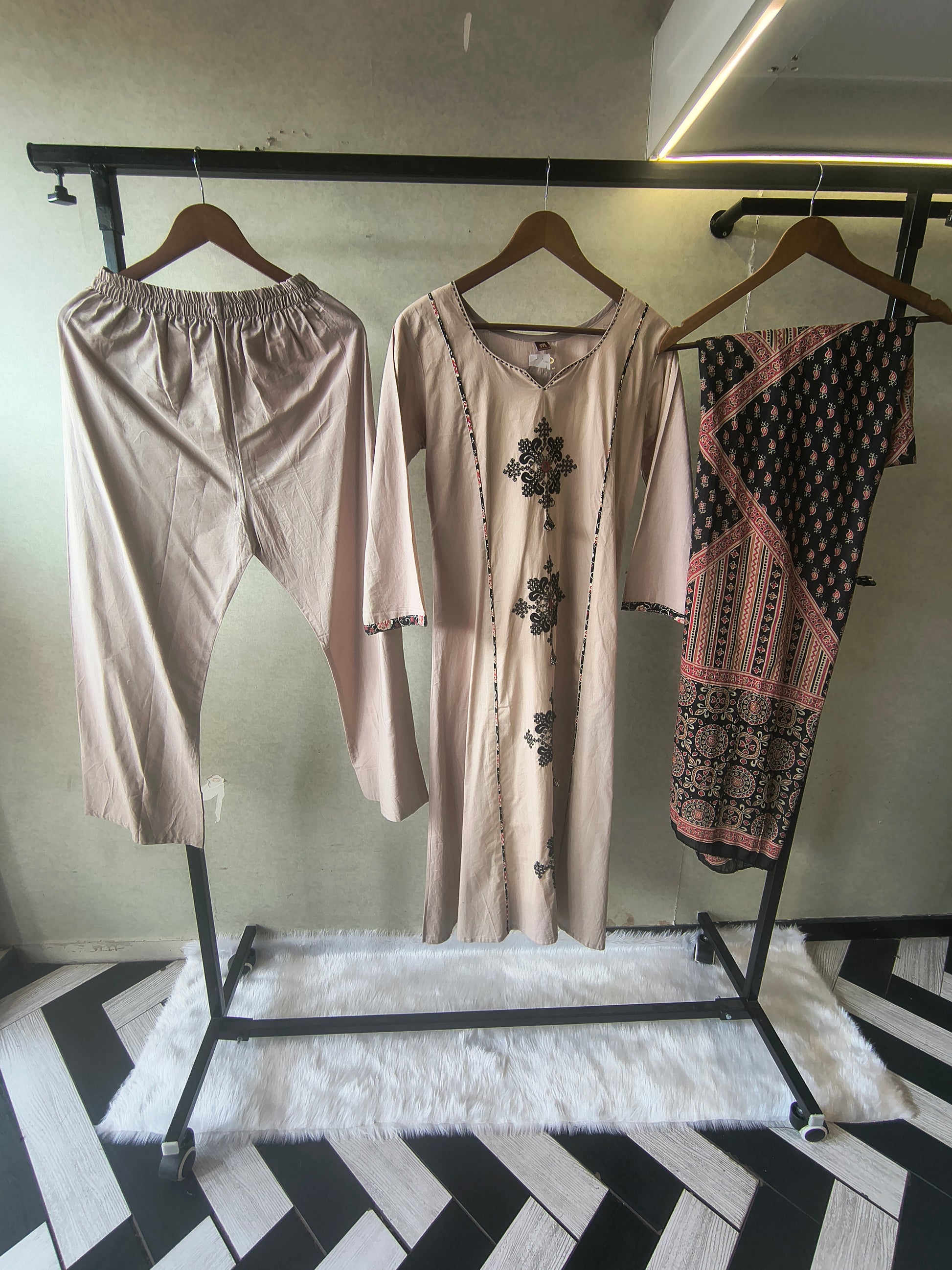 Blush Beige Cotton Straight Kurta Set with Floral Embroidery & Printed Dupatta