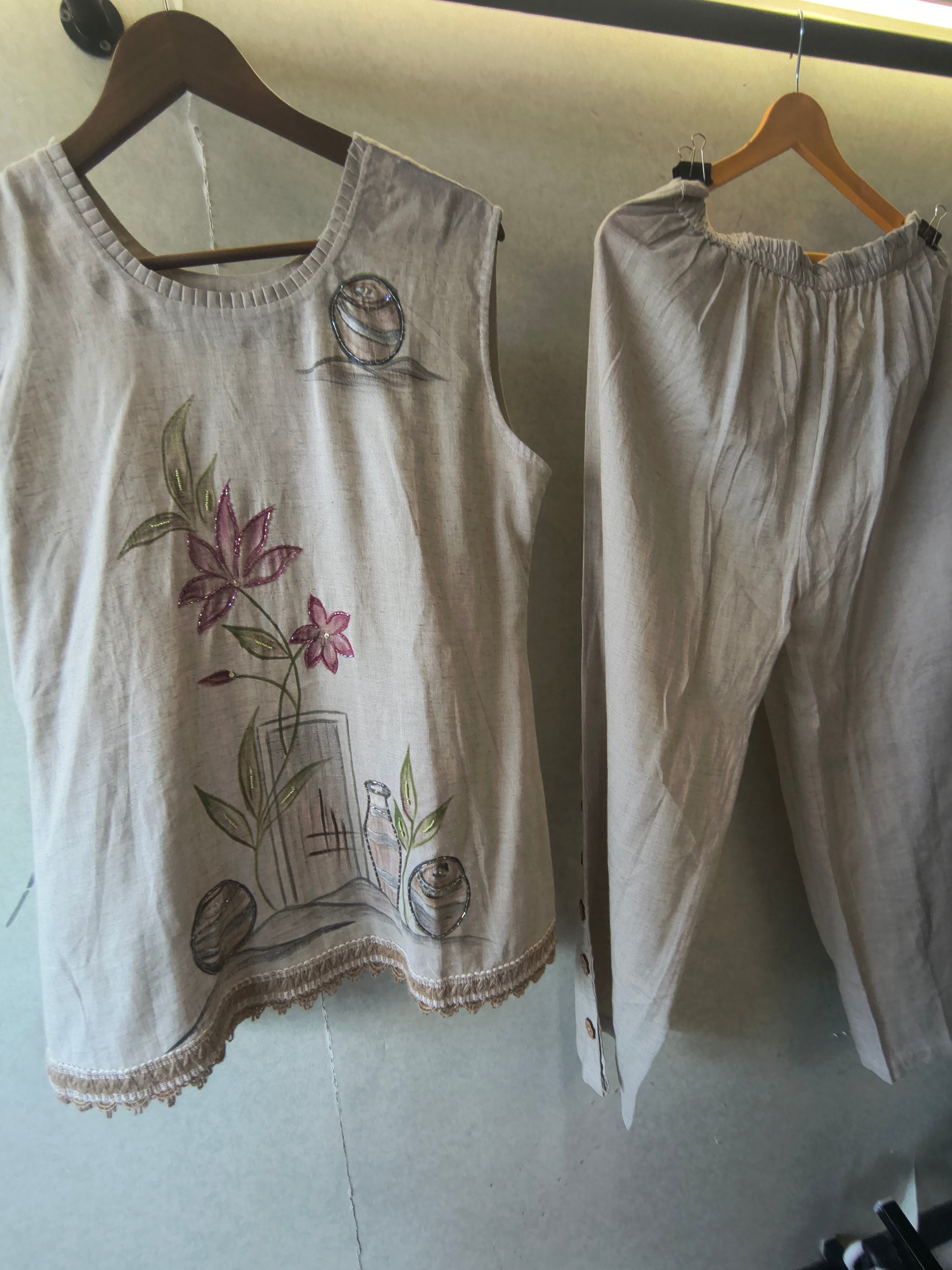 Ivory Floral Hand-Painted Linen Co-Ord Set