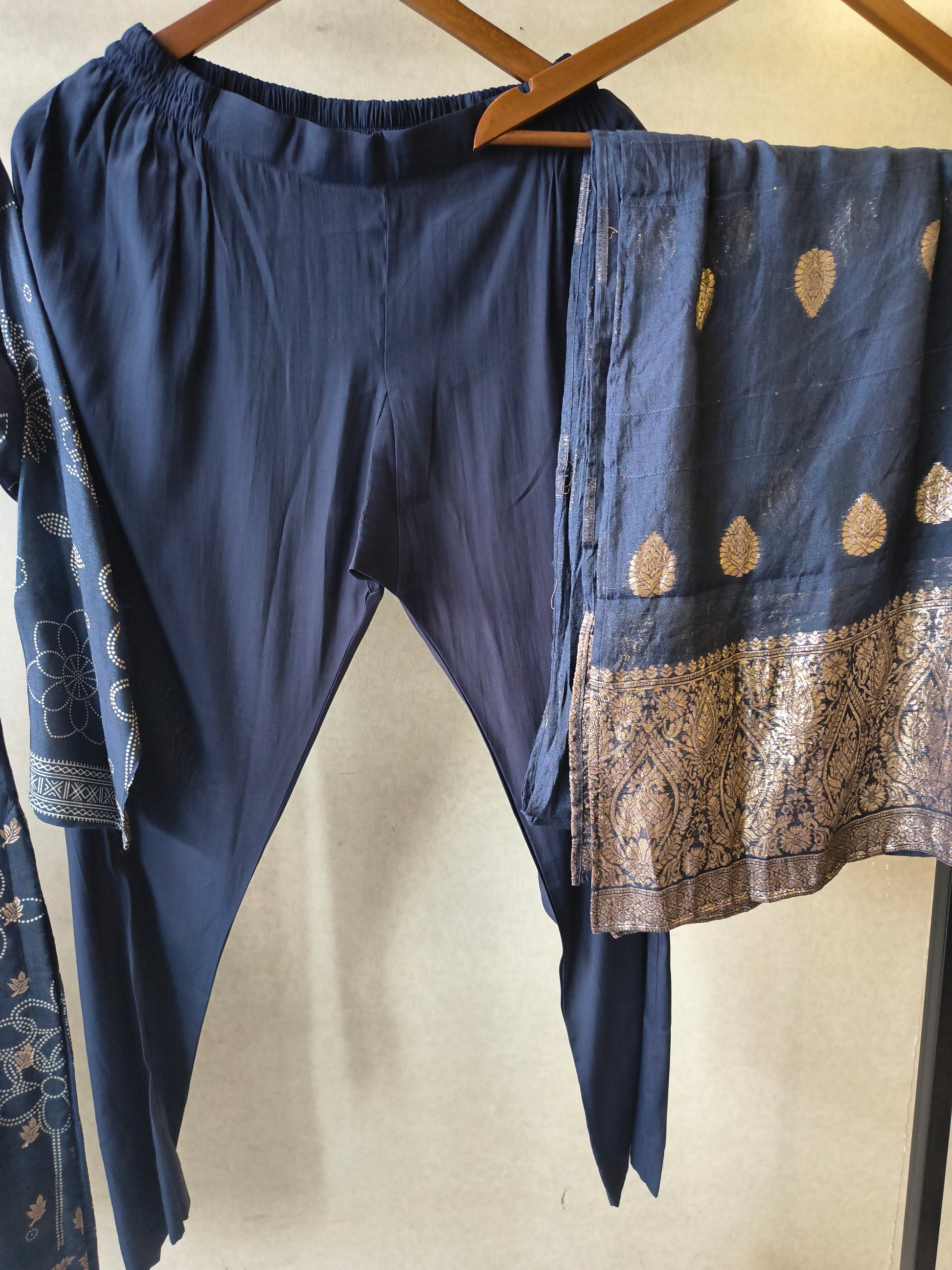 Premium Midnight Blue Zari Printed Kurta Set with Banarasi Dupatta