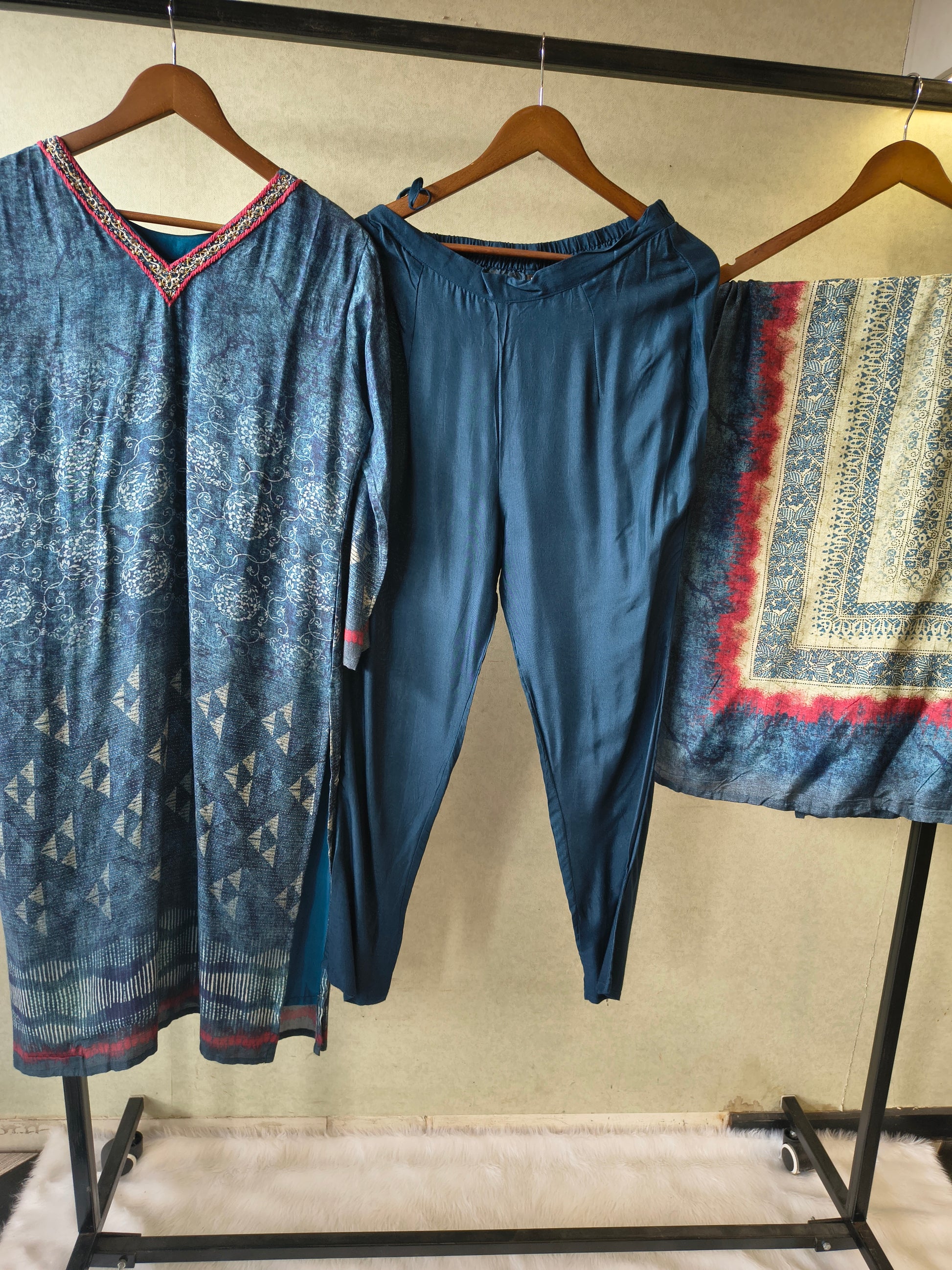 Premium Midnight Blue Printed Kurta with Straight Pants & Artistic Border Dupatta Set