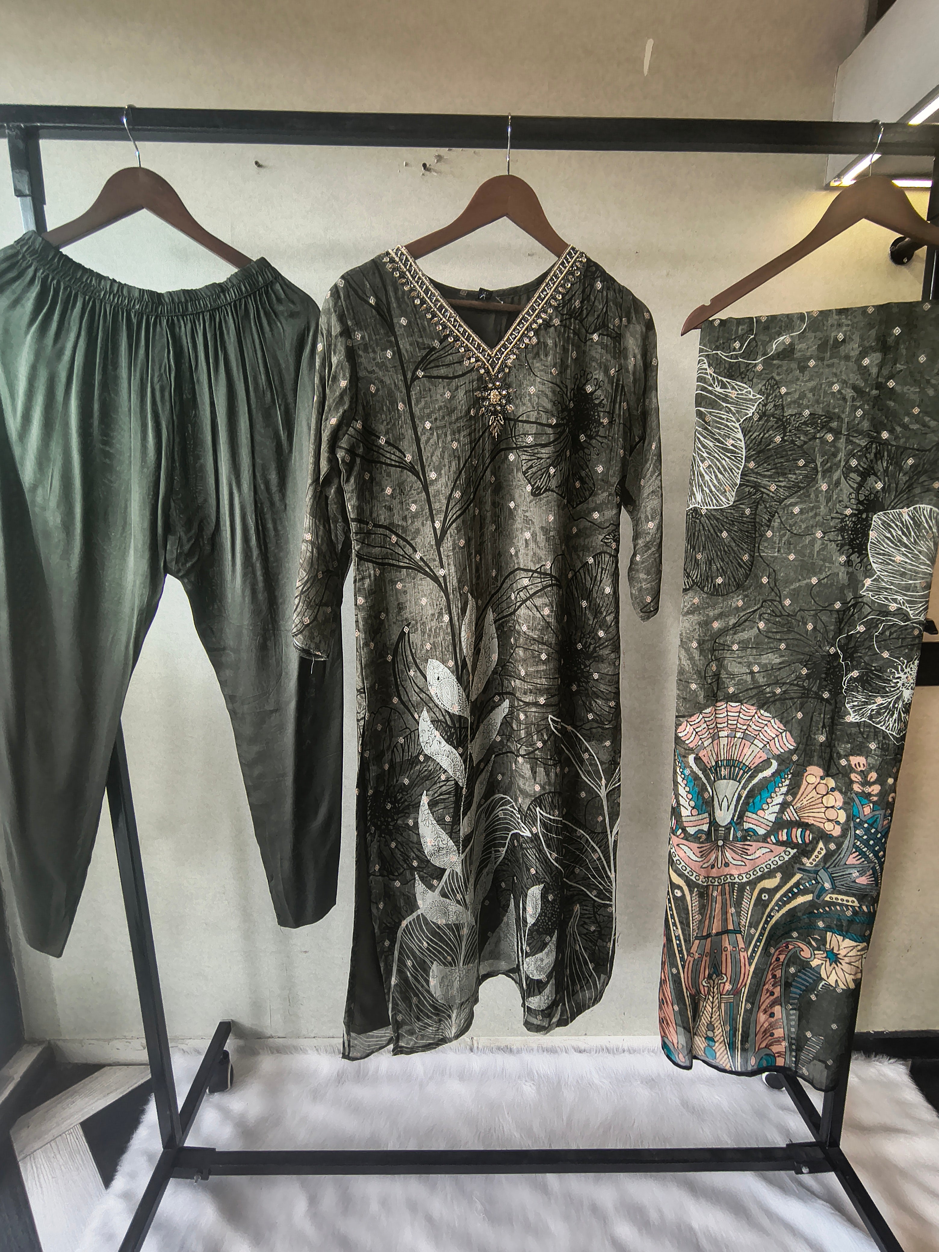 Image of Premium Olive Botanical Print Straight Kurta with Cigarette Pants & Dupatta Set