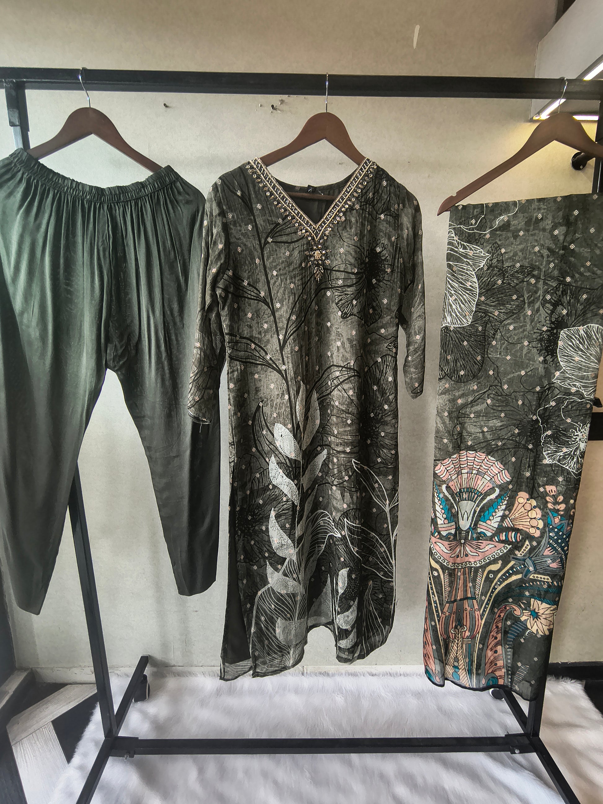 Premium Olive Botanical Print Straight Kurta with Cigarette Pants & Dupatta Set