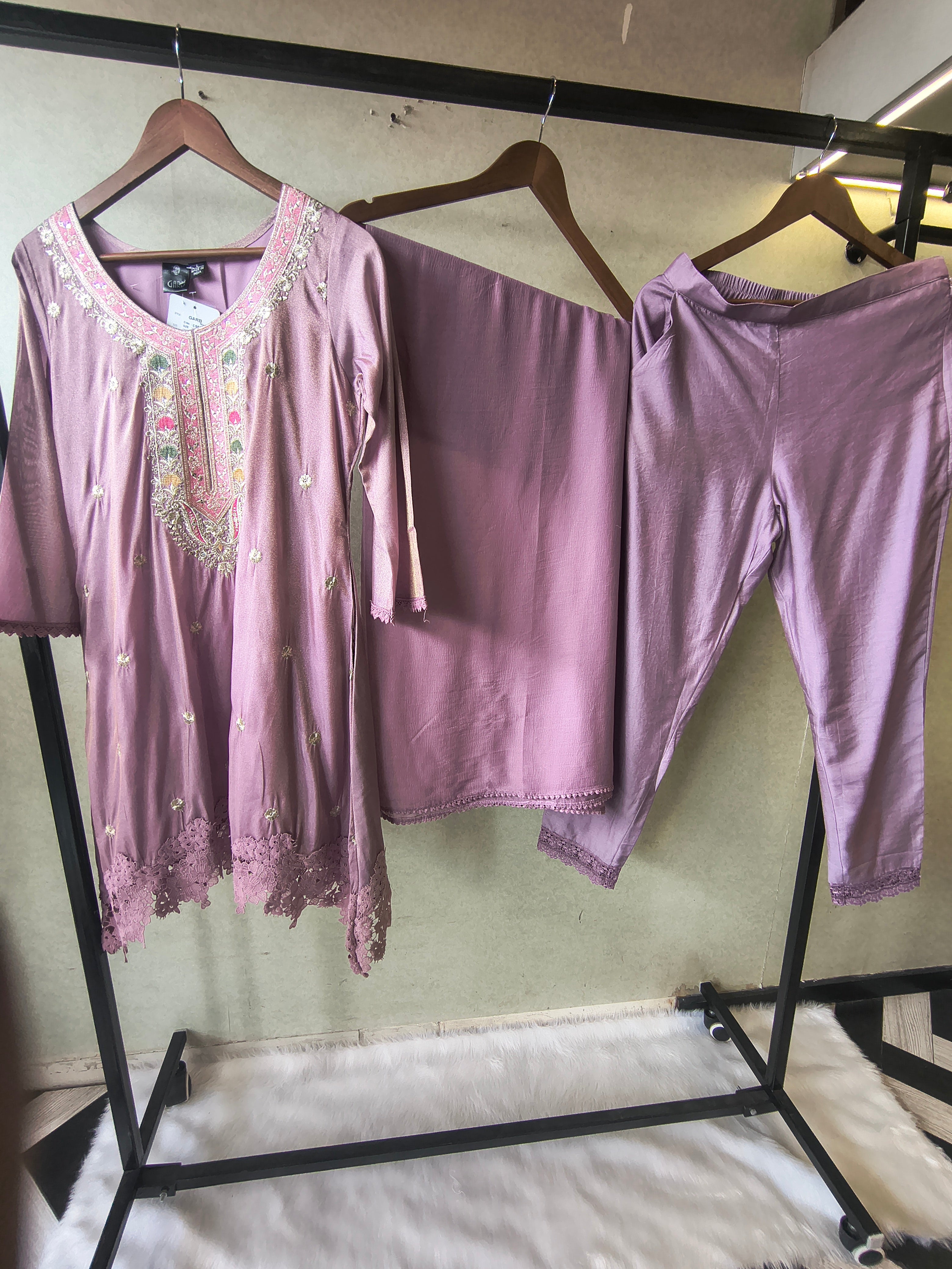 Image of Premium Dusty Lilac Embroidered Kurta Set with Lace Hem & Dupatta