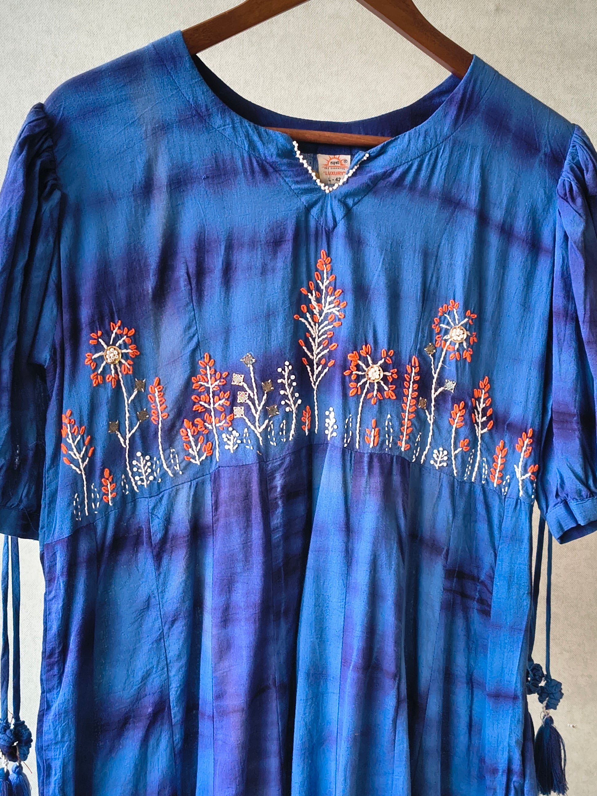 Premium Indigo Tie-Dye Embroidered Cotton Flared Dress