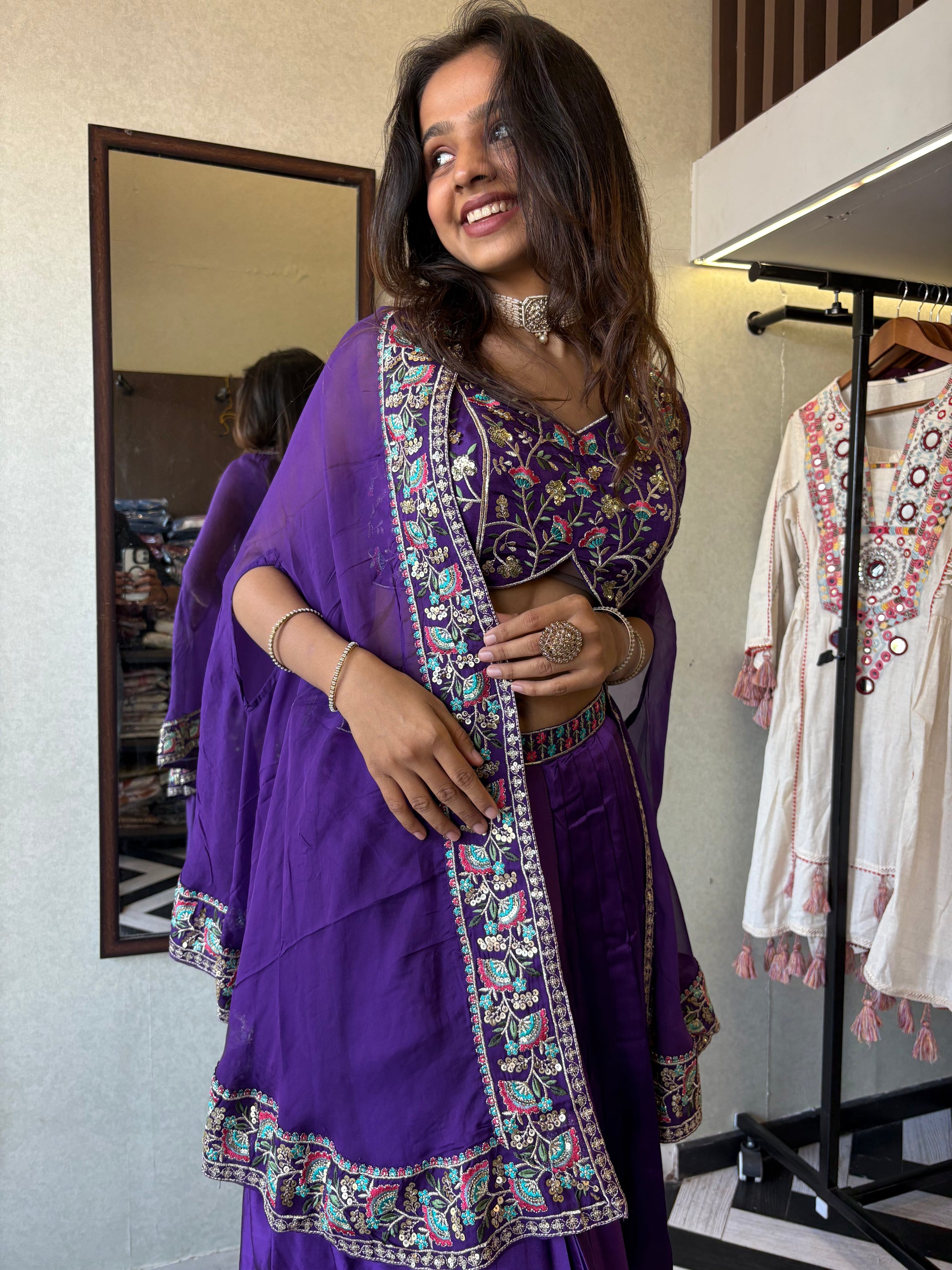Elegance, Embroidery & the Perfect Drape - All in One Look!

Make your presence unforgettable in this pure crepe purple 3-piece Indo-Western. Full hand embroidery, flawless drape, and designer finishing - this is what statement style looks like