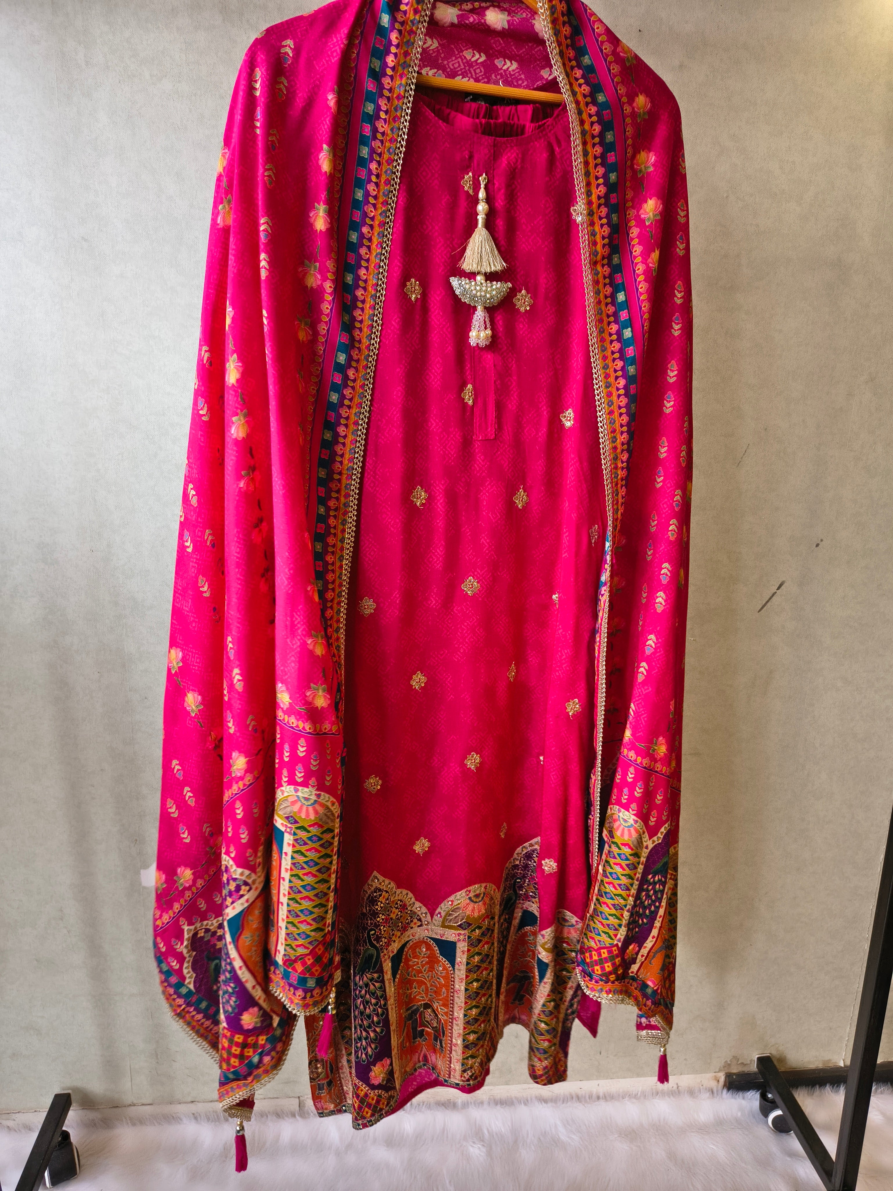Image of Premium Rani Pink Printed Straight Kurta with Cigarette Pants & Dupatta Set