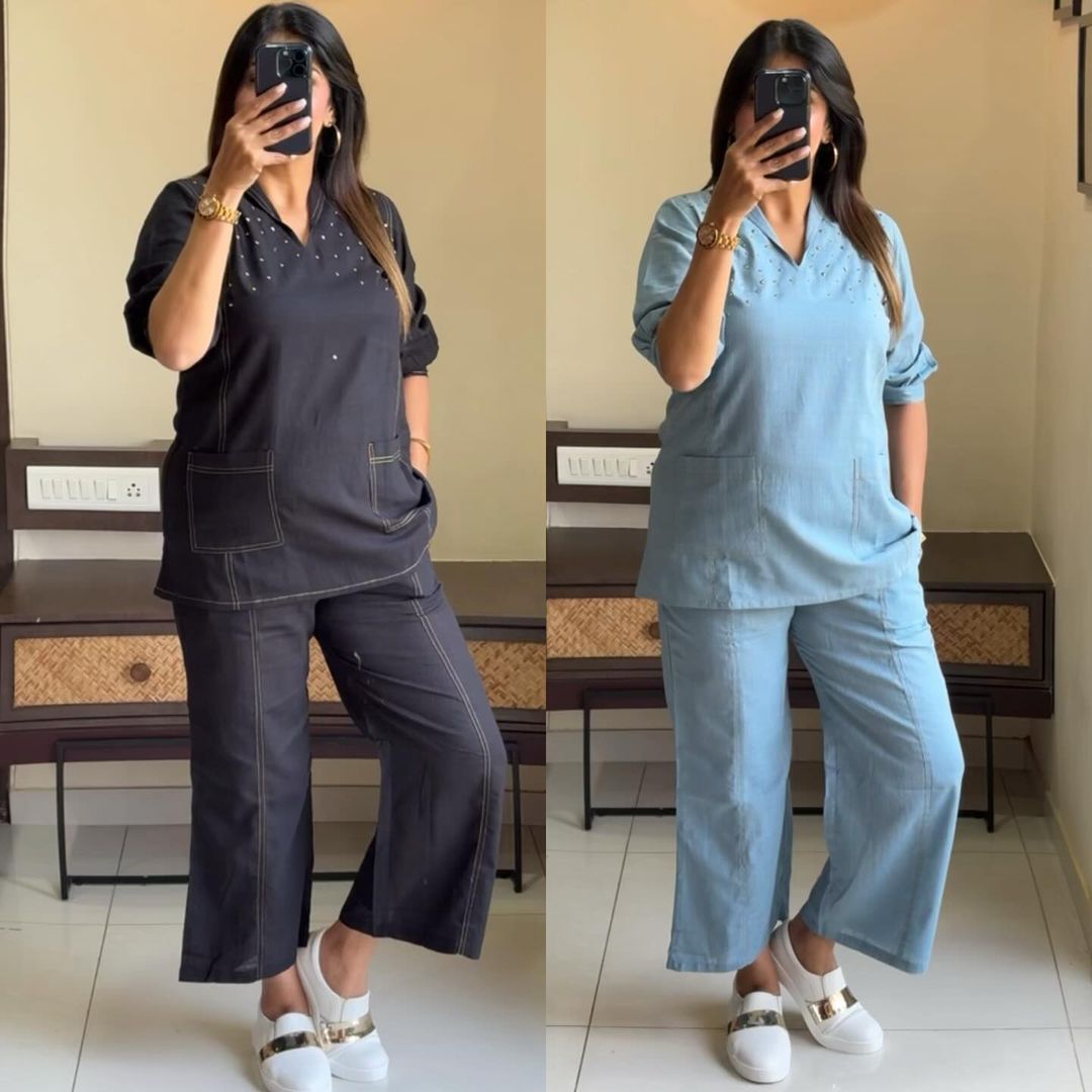 Image of Look stylish and walk in comfort with our new Hand WORK set perfect for your wardrobe. Pure Denim Cotton Slub