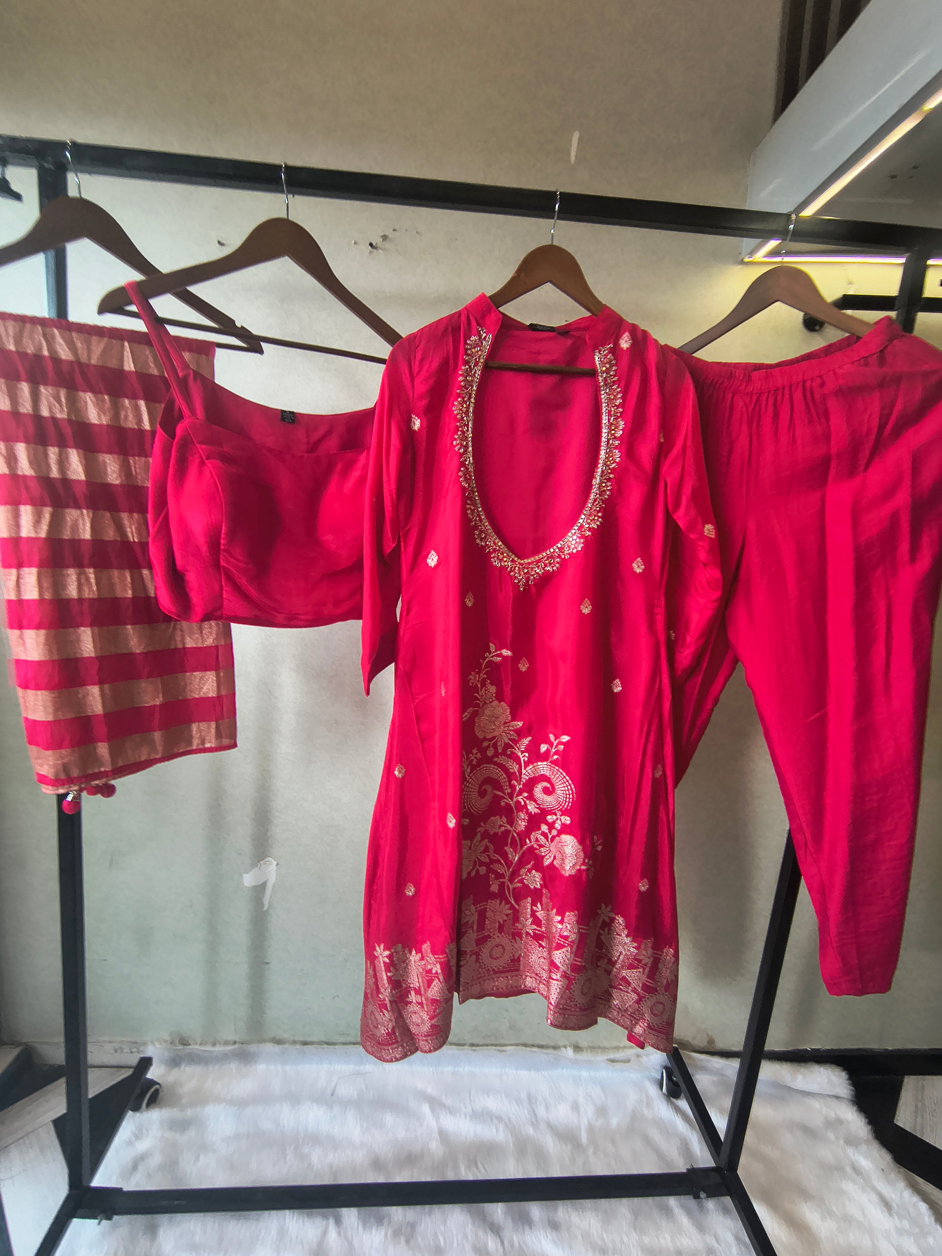 Image of Rani Pink Embroidered Asymmetrical Kurta with Inner, Cigarette Pants & Metallic Striped Dupatta – 4 Piece Designer Festive Set