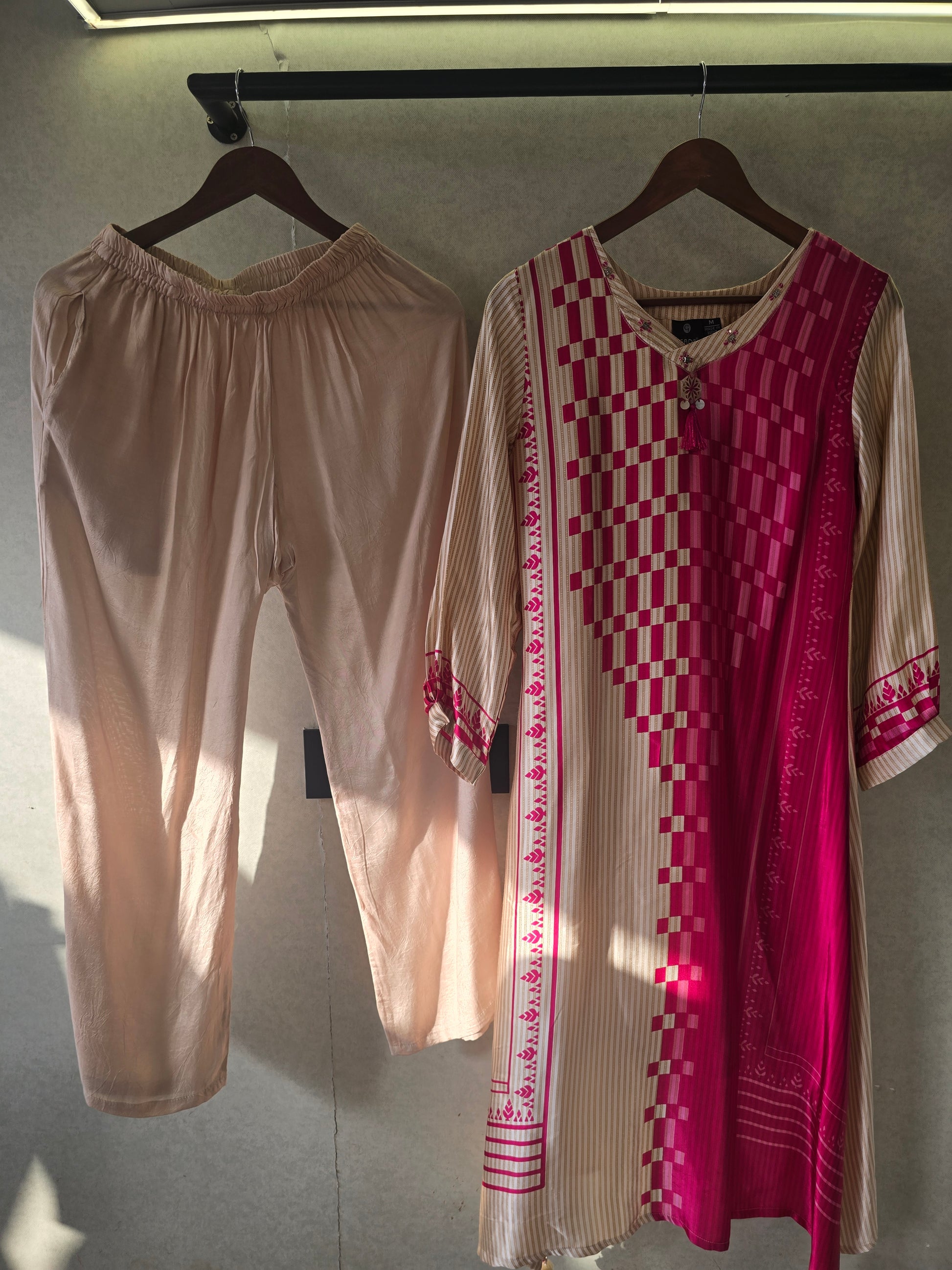 Fuchsia Panel Print Kurta Pant Set