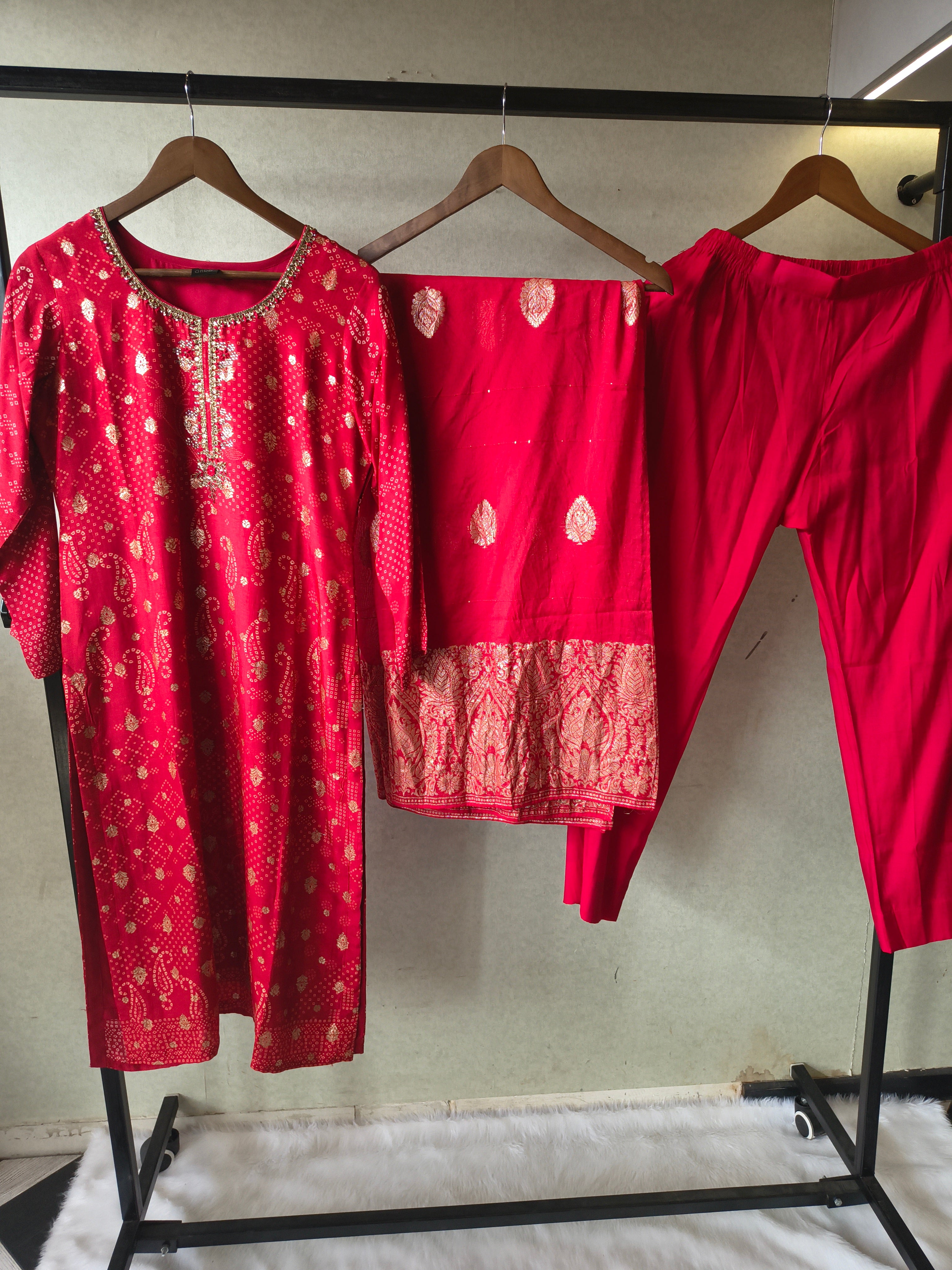 Image of Premium Crimson Red Zari Woven Kurta with Straight Pants & Banarasi Border Dupatta Set