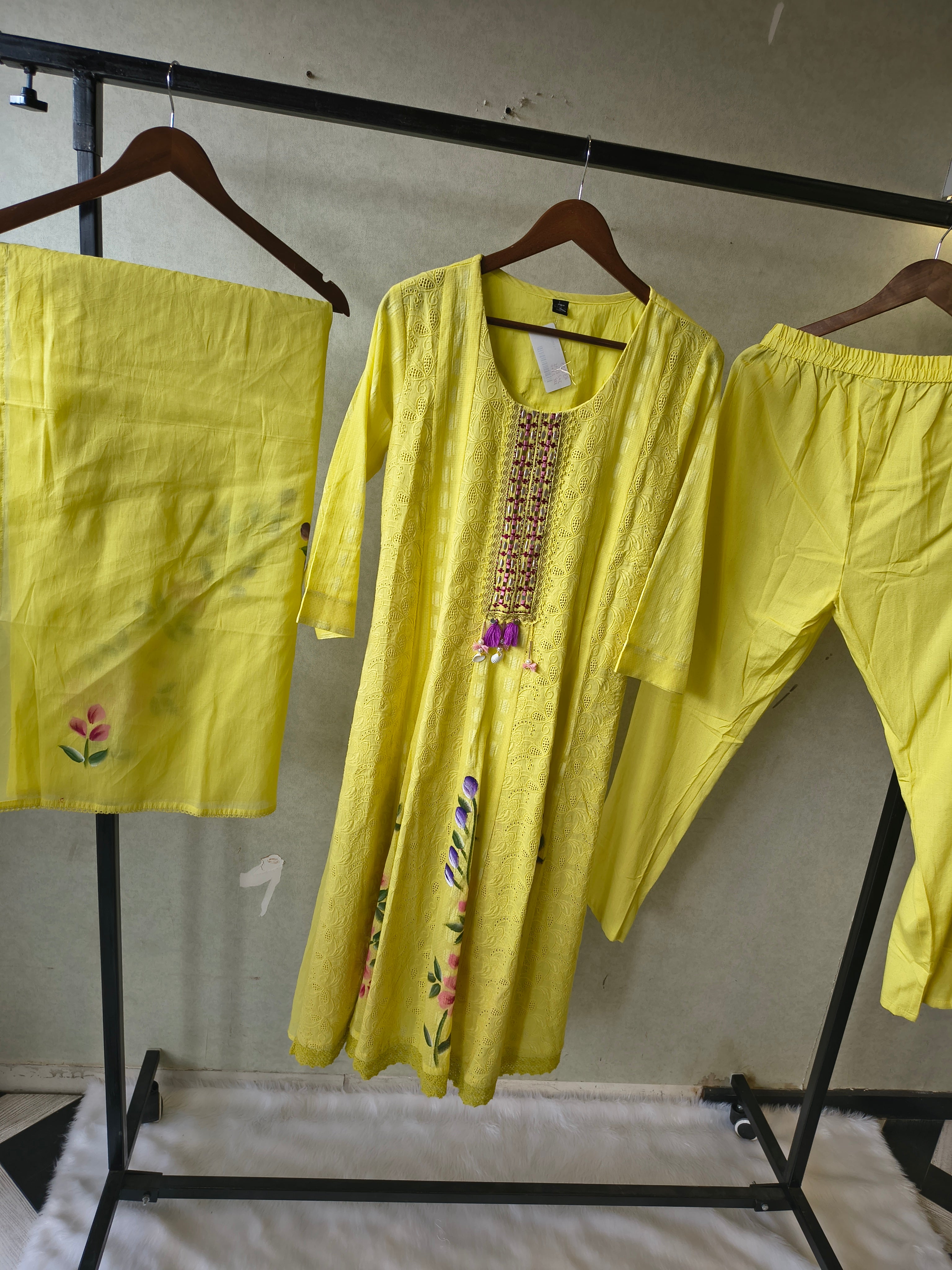 Image of Premium Sunshine Yellow Schiffli Embroidered Kurta Set with Floral Handwork & Dupatta