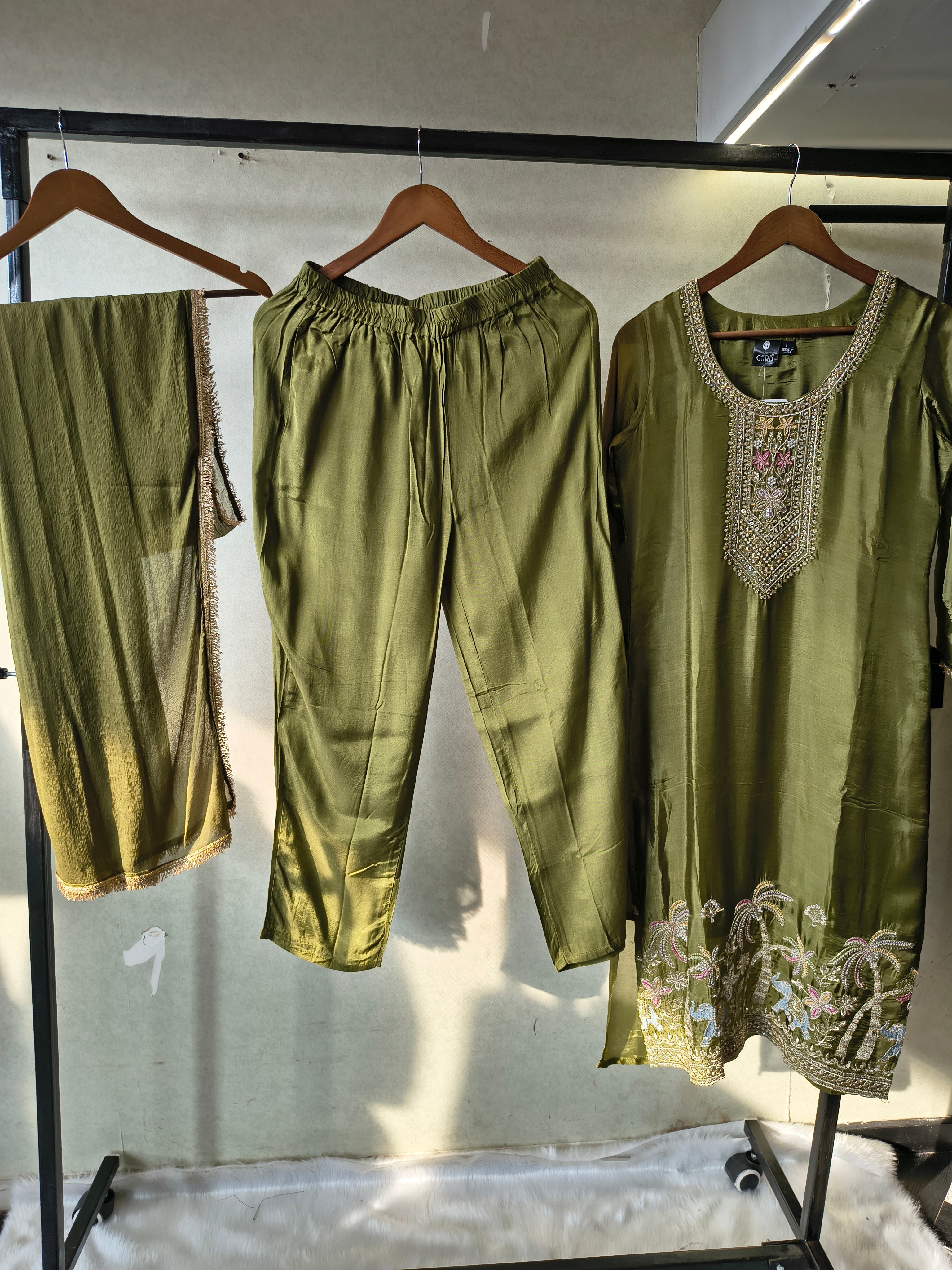 Image of Olive Green Embroidered Straight Kurta Set with Designer Yoke, Scenic Hem Embroidery & Lace Border Dupatta – Premium 3 Piece Ethnic Ensemble