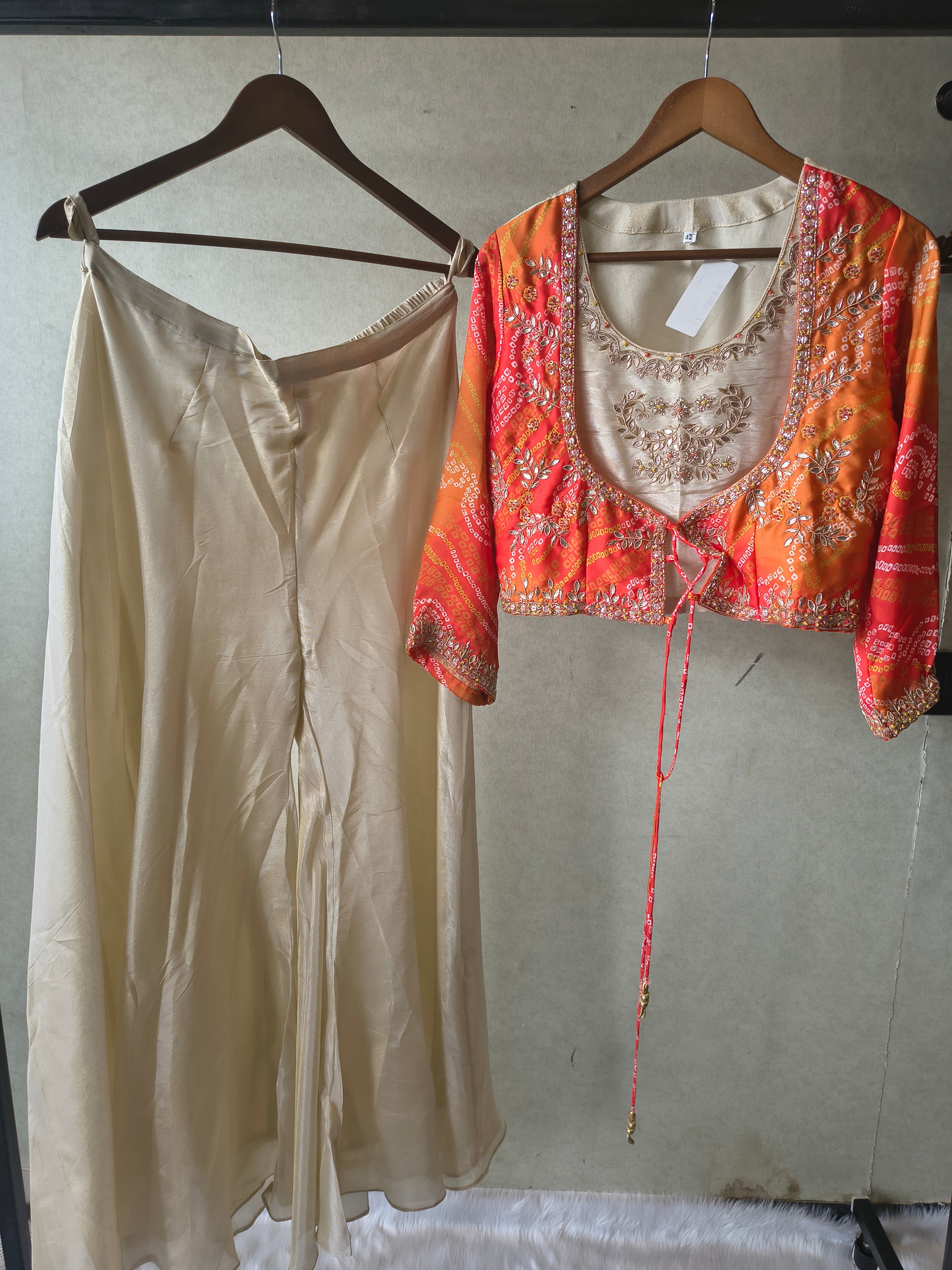 Image of Premium Ivory & Bandhani Orange 3-Piece Designer Palazzo Set with Embroidered Inner & Printed Jacket
