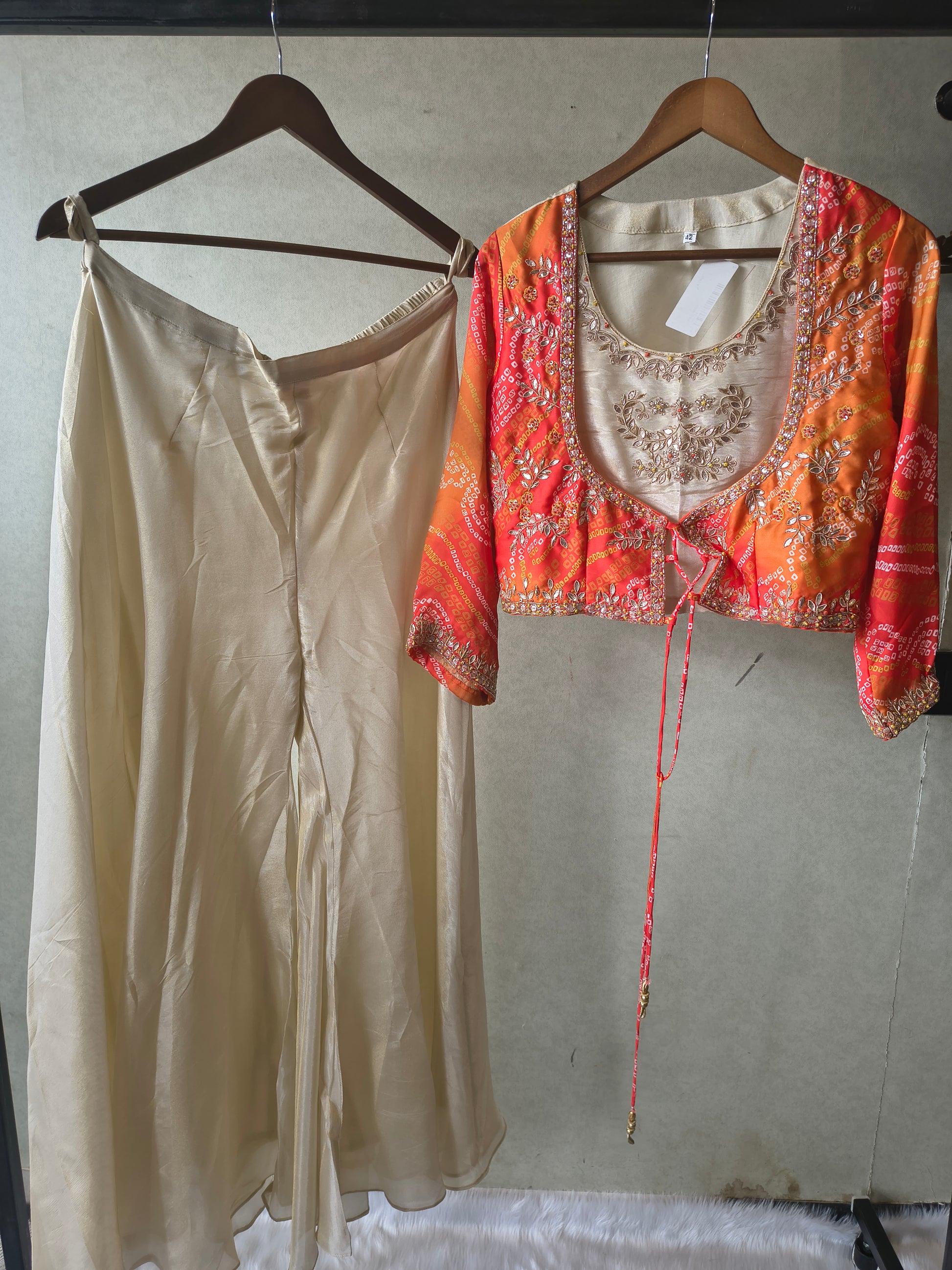 Premium Ivory & Bandhani Orange 3-Piece Designer Palazzo Set with Embroidered Inner & Printed Jacket