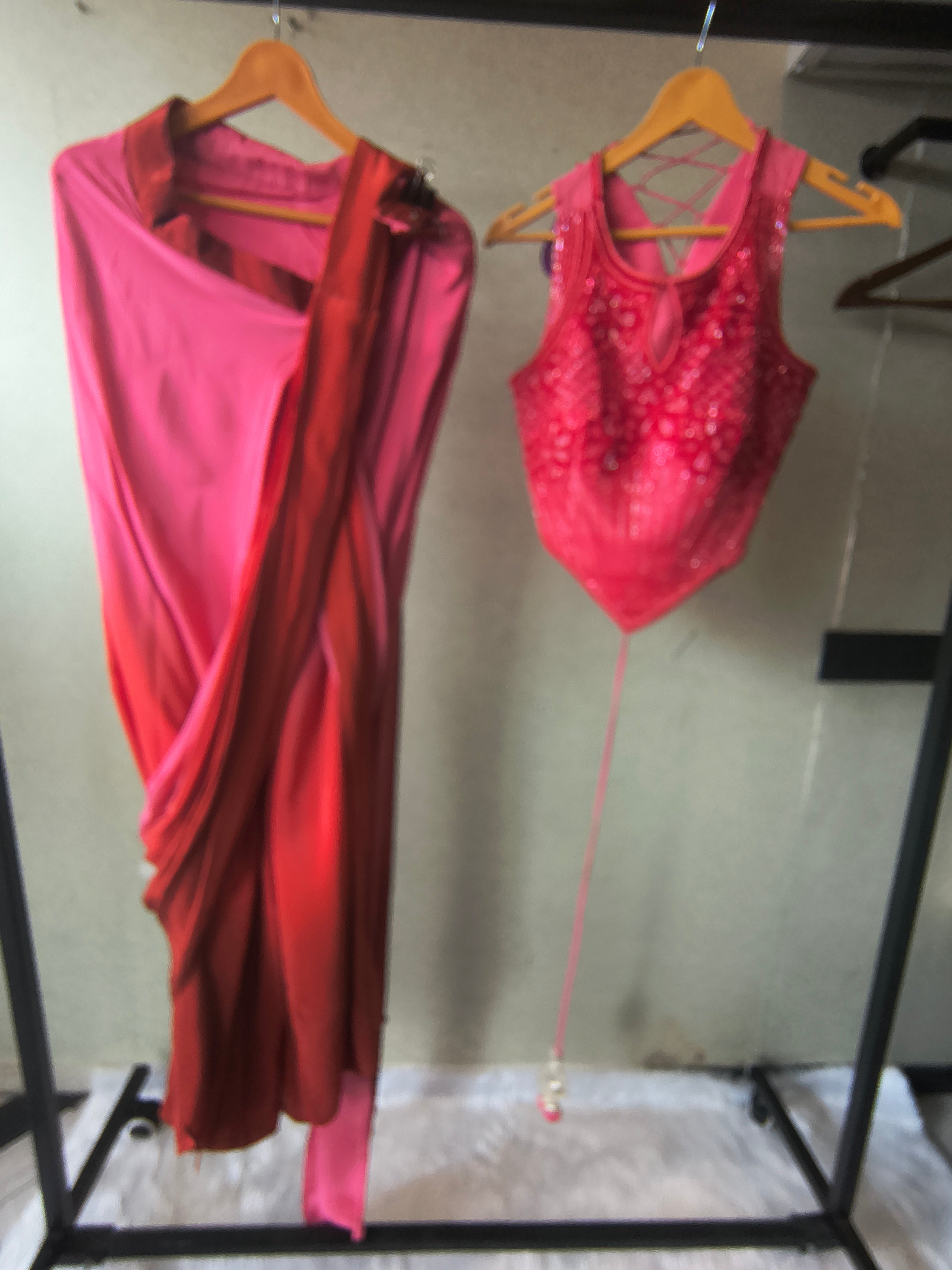 Image of Premium Ombre Pink Pre-Draped Designer Saree with Heavy Hand Embroidered Corset Blouse