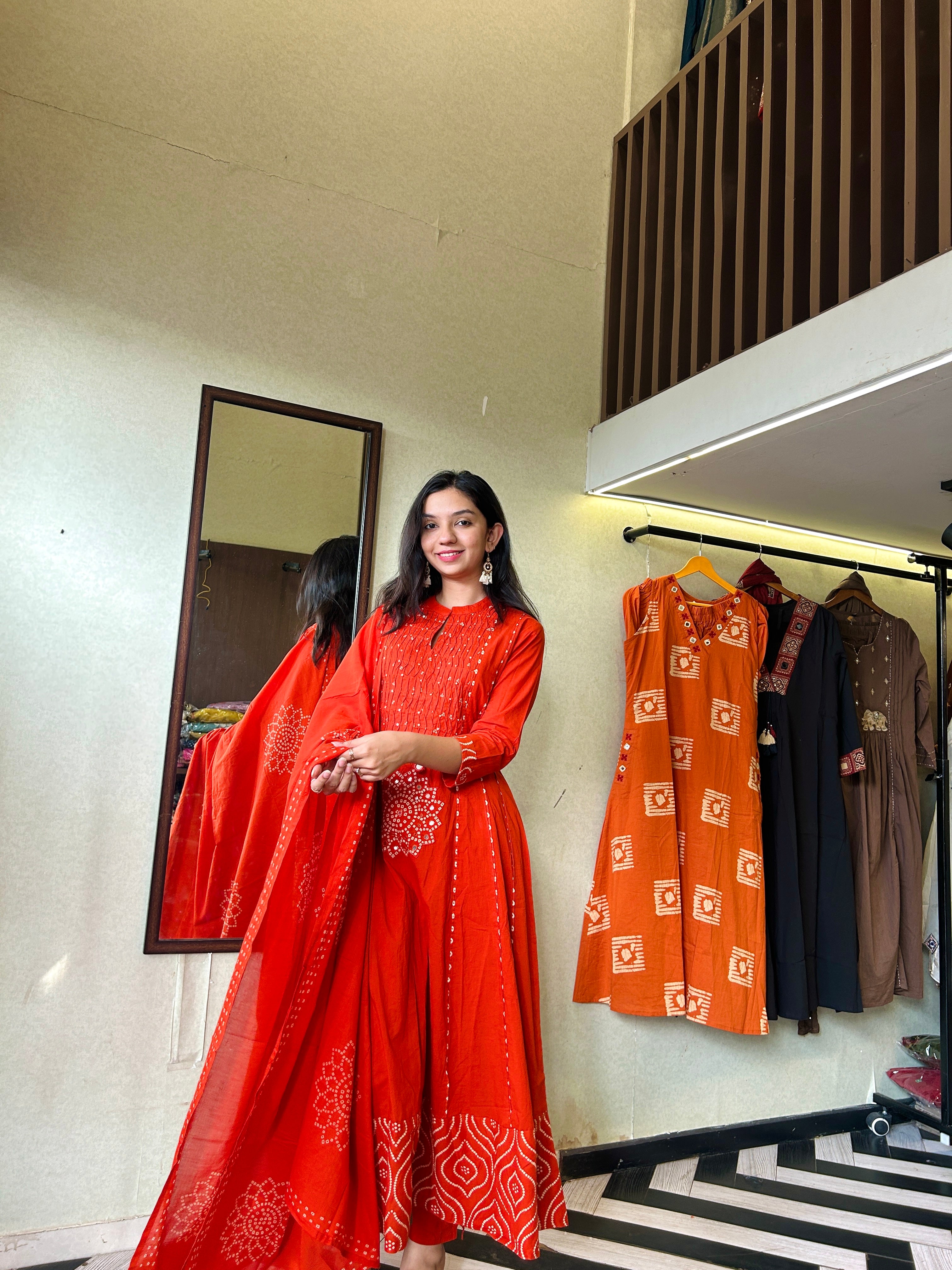 Image of Pure Mull Cotton Bandhani 3 Piece Anarkali Set