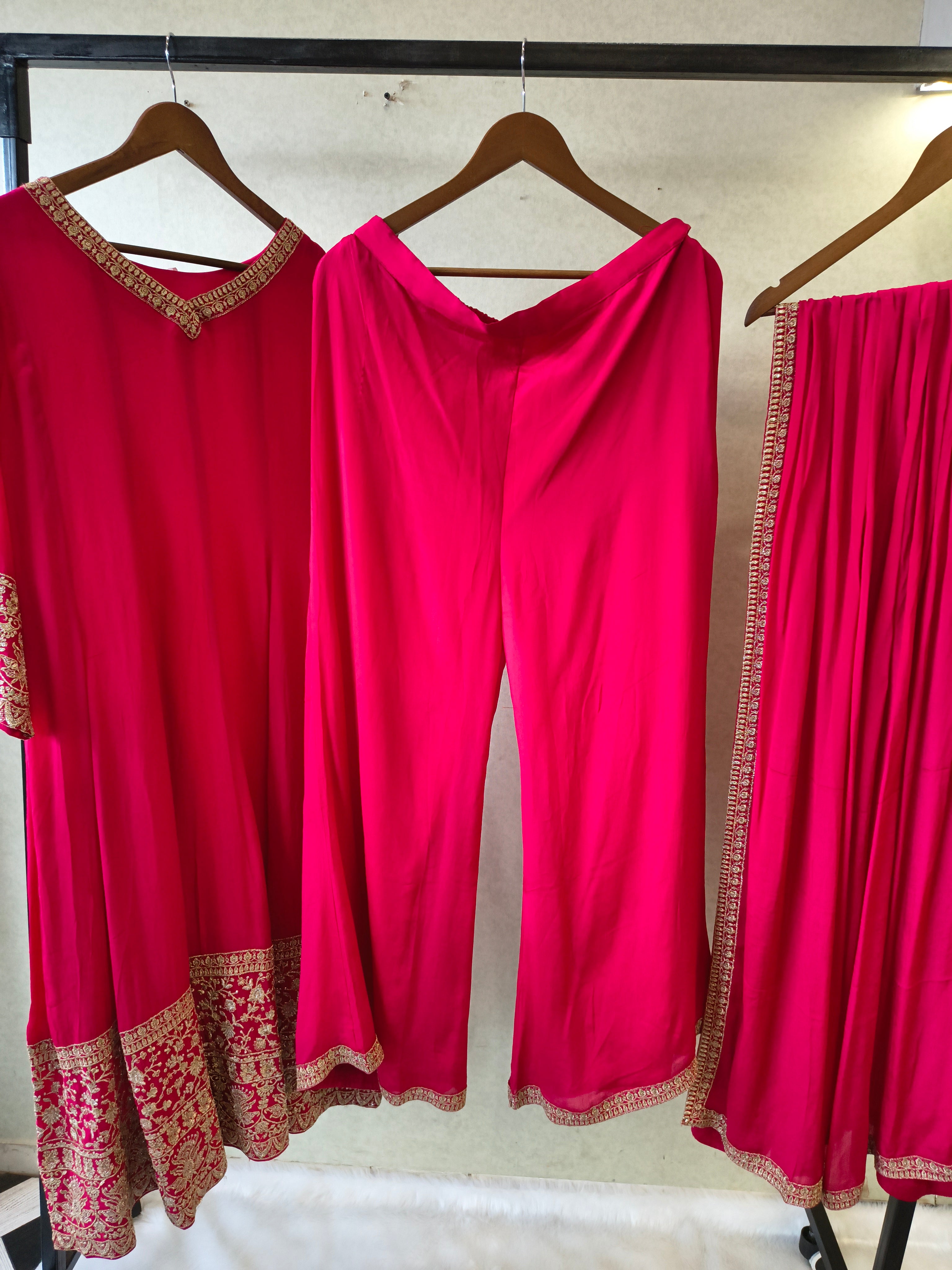 Image of Rani Pink Embroidered Straight Kurta Set with Dupatta | Premium 3 Piece Festive Ethnic Suit