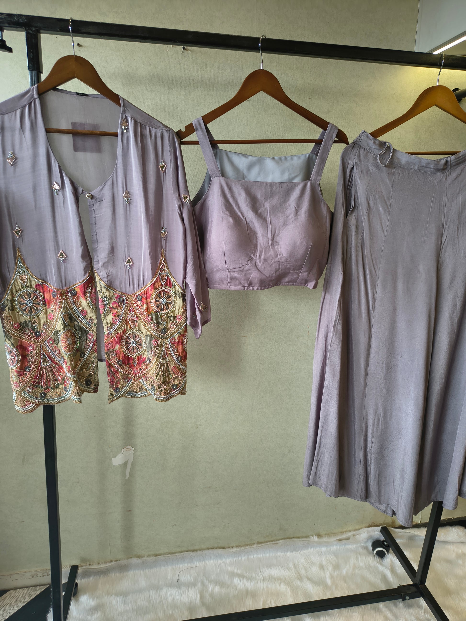 Dusty Mauve Tissue Silk Embroidered Peplum Jacket with Bustier & Flared Palazzo – 3 Piece Designer Indo-Western Set