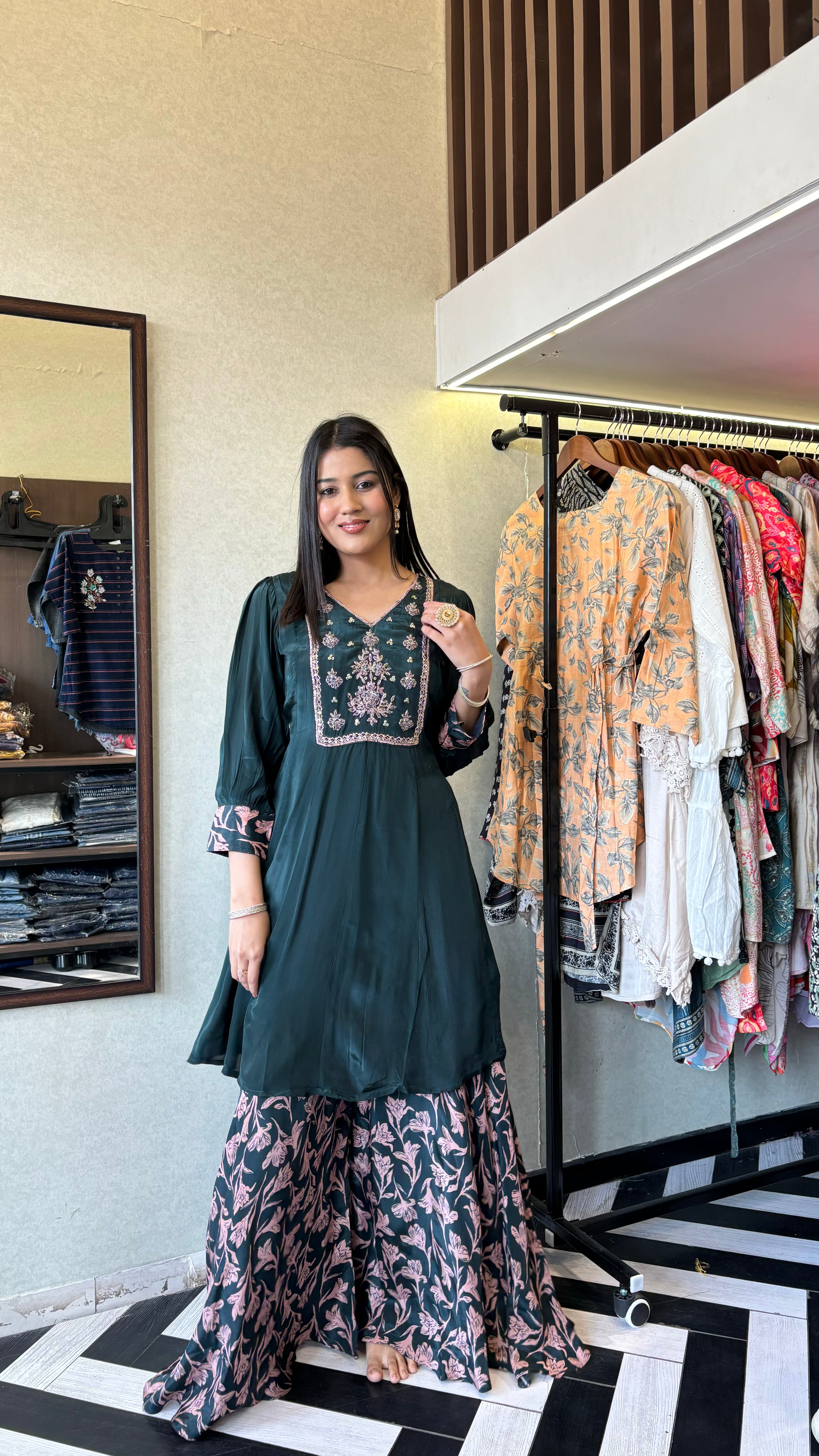 Pure Crepe Indo Western Piece with Hand work