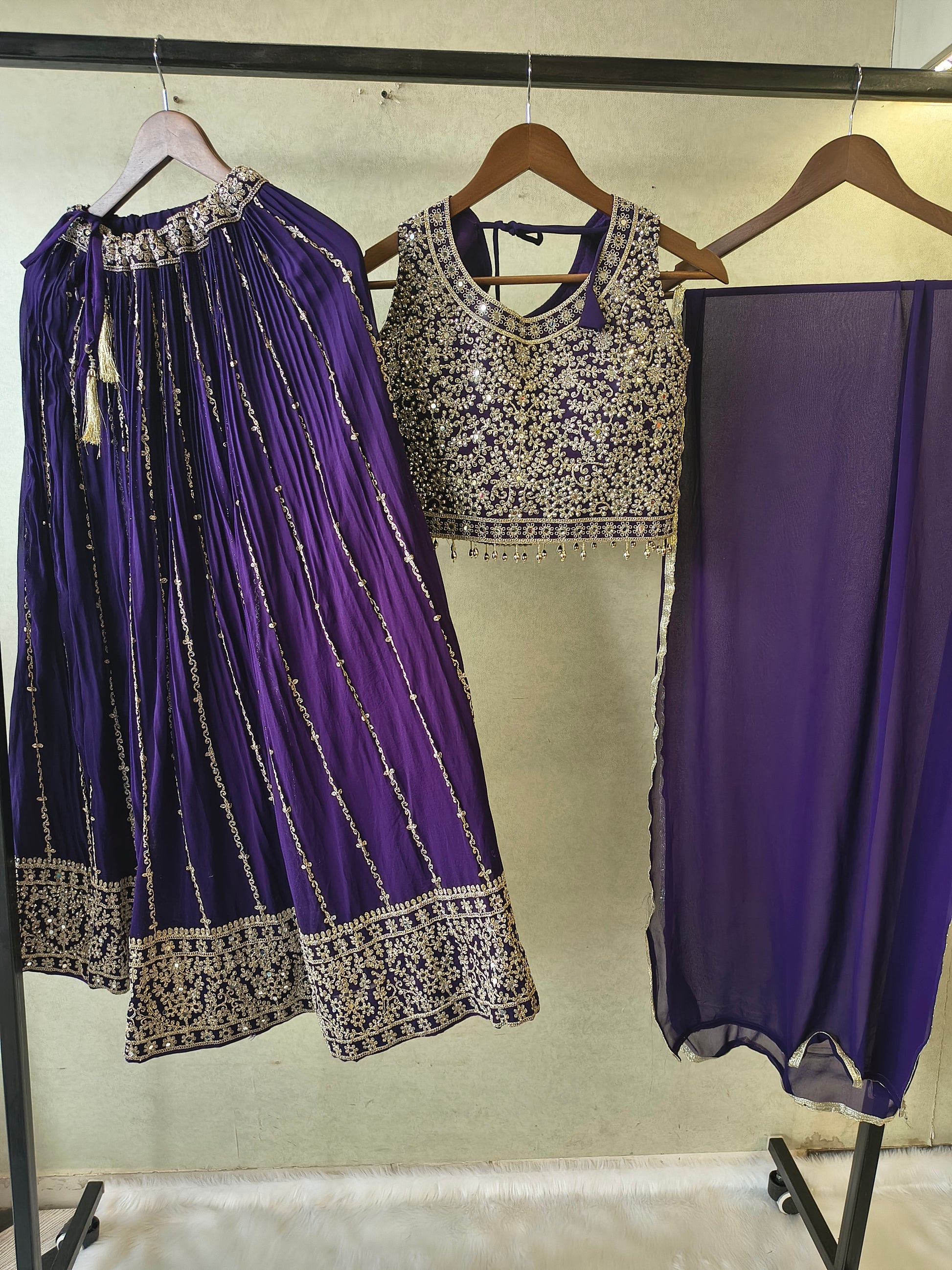 Royal Purple Heavy Embroidered Designer Lehenga Set with Statement Blouse & Chiffon Dupatta | Premium Wedding Collection