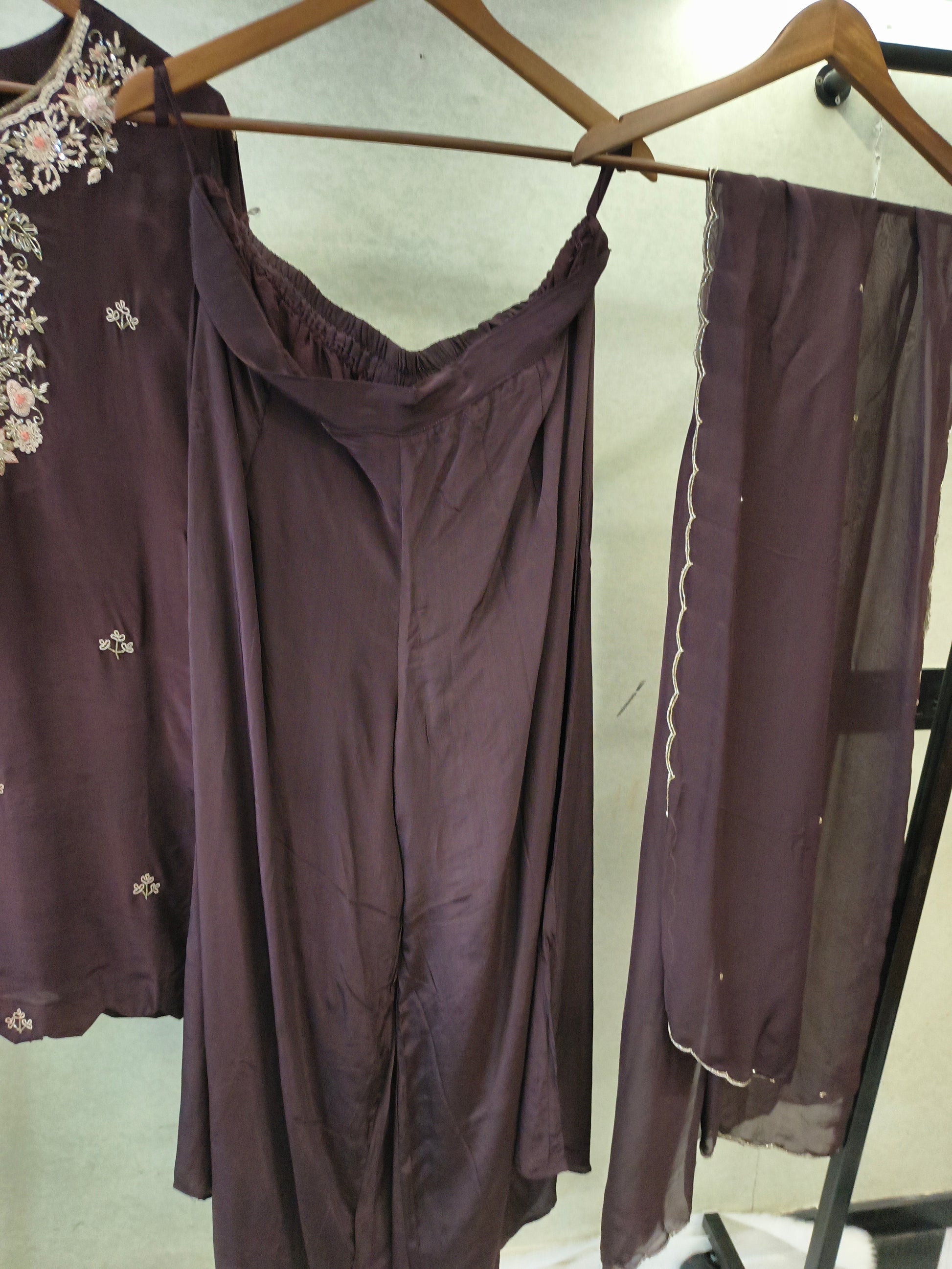 Chocolate Brown Embroidered Straight Kurta Set with Wide Palazzo & Chiffon Dupatta | Premium 3 Piece Festive Ensemble