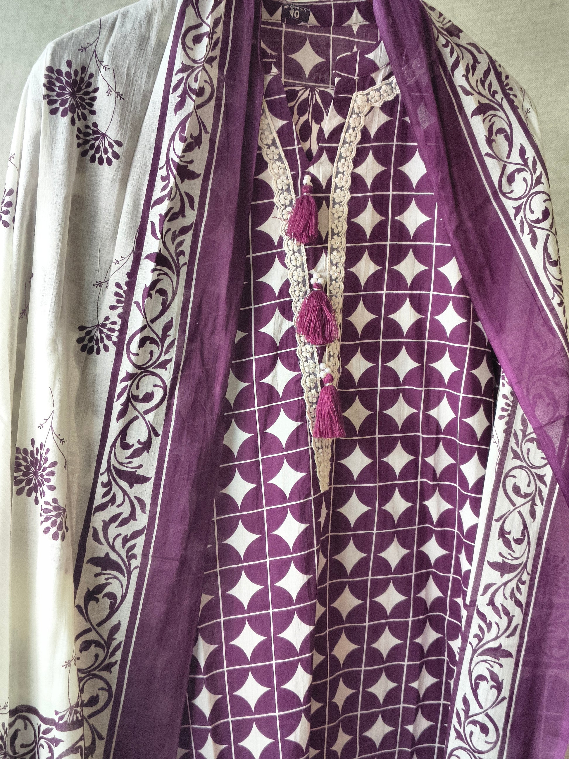 Premium Plum Geometric Printed Cotton Kurta Set with Floral Printed Pants & Dupatta