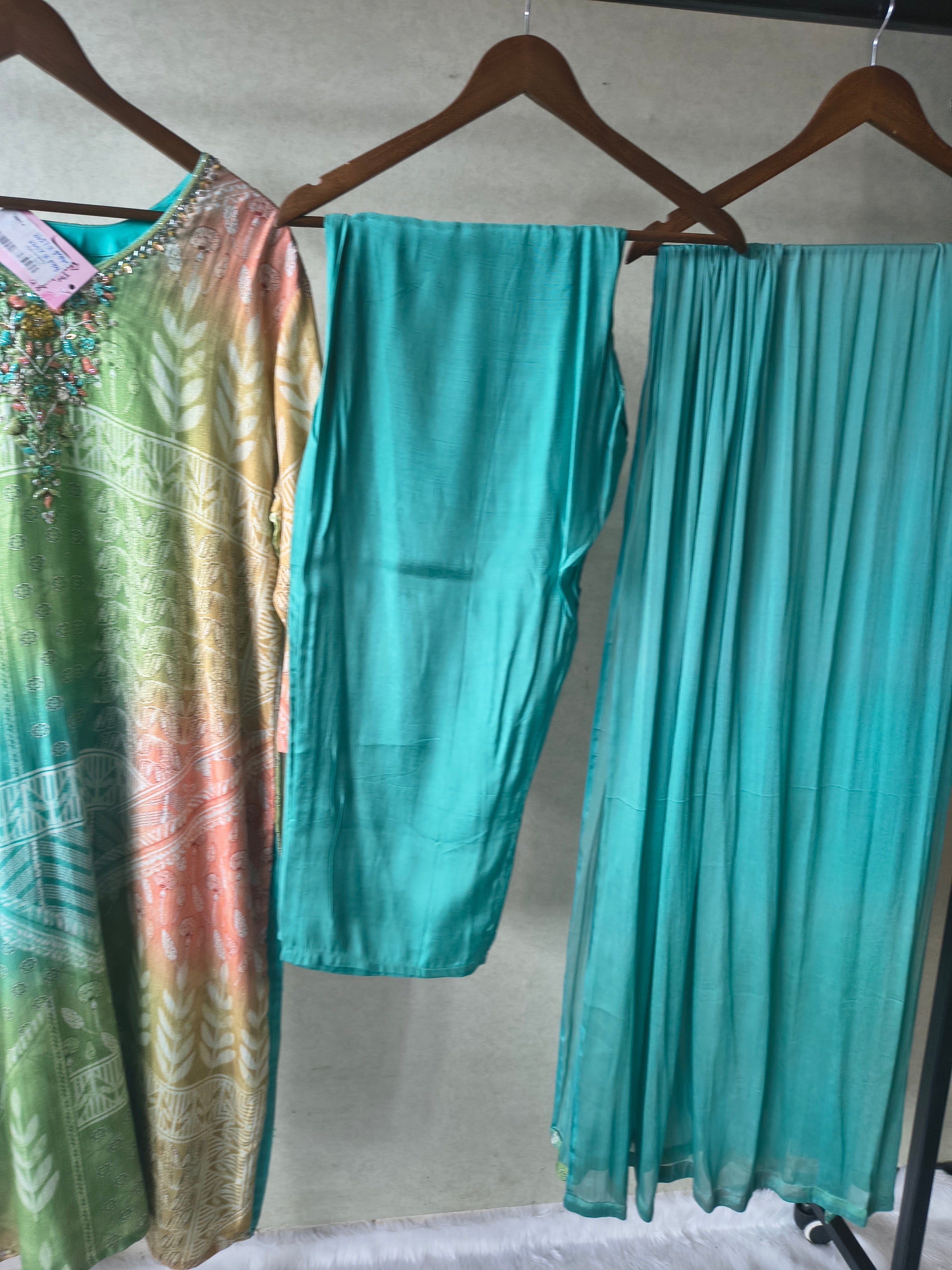 Image of Premium Aqua Ombre Printed Kurta Set with Hand-Embellished Neckline, Solid Pants & Chiffon Dupatta