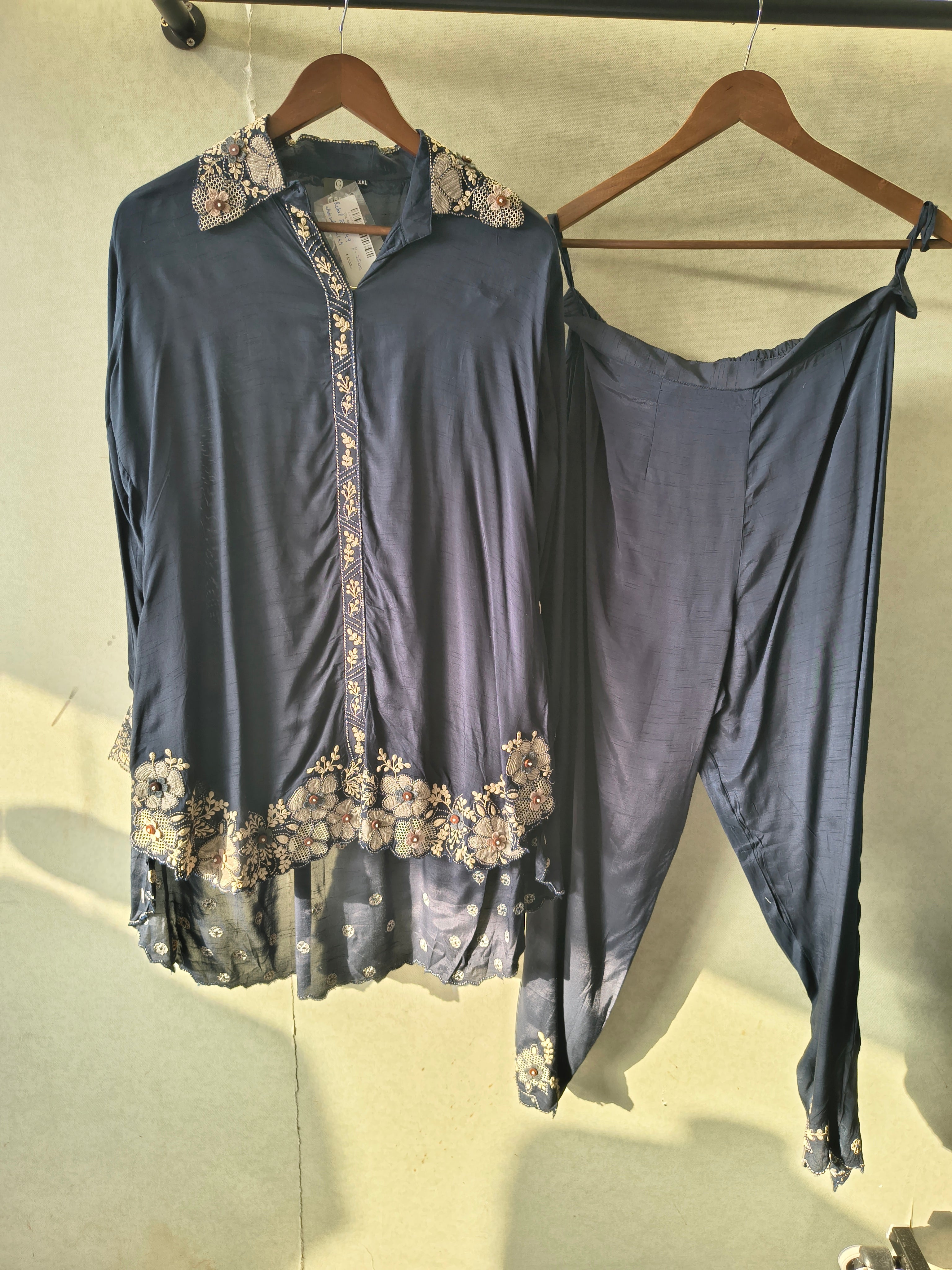 Image of Blue Embroidered Designer Co-Ord Set with Organza Hem