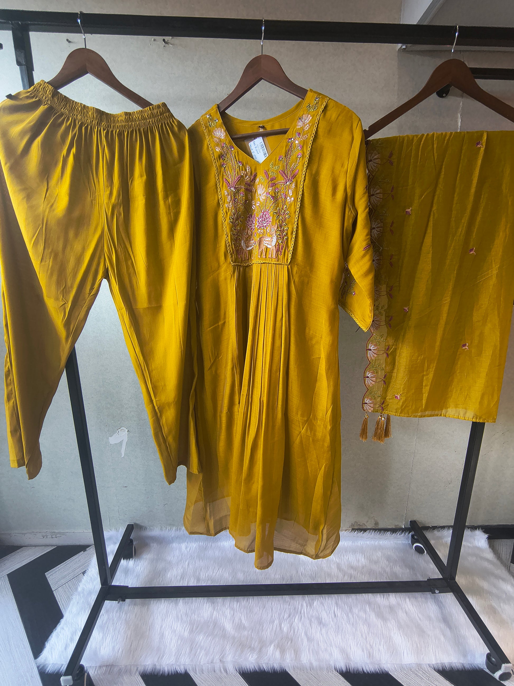 Mustard Yellow Cotton Blend 3-Piece Suit Set with Floral Embroidered Yoke & Tassel Dupatta