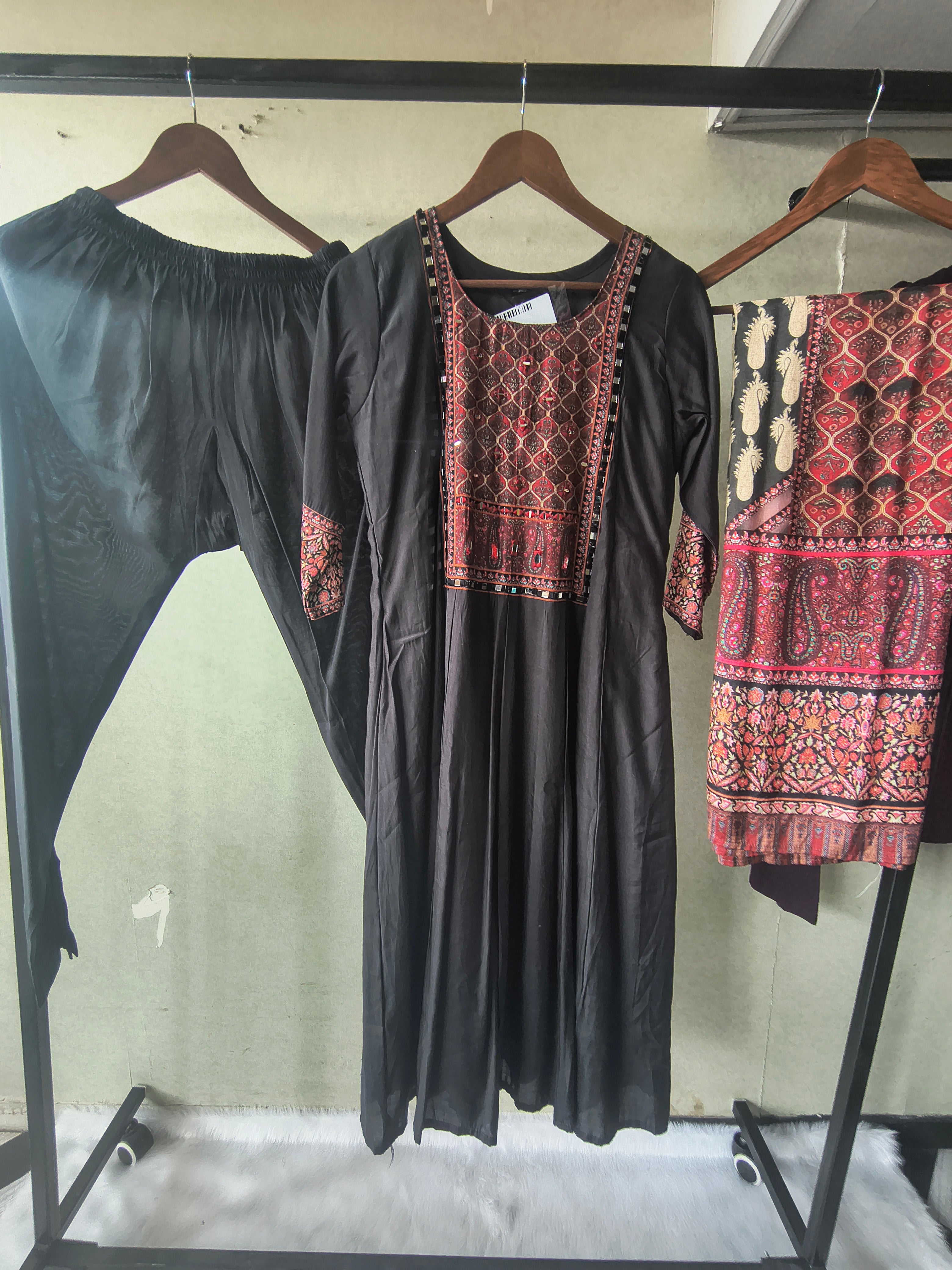 Image of Premium Black Printed Anarkali Kurta Set with Ethnic Yoke, Solid Pants & Designer Dupatta
