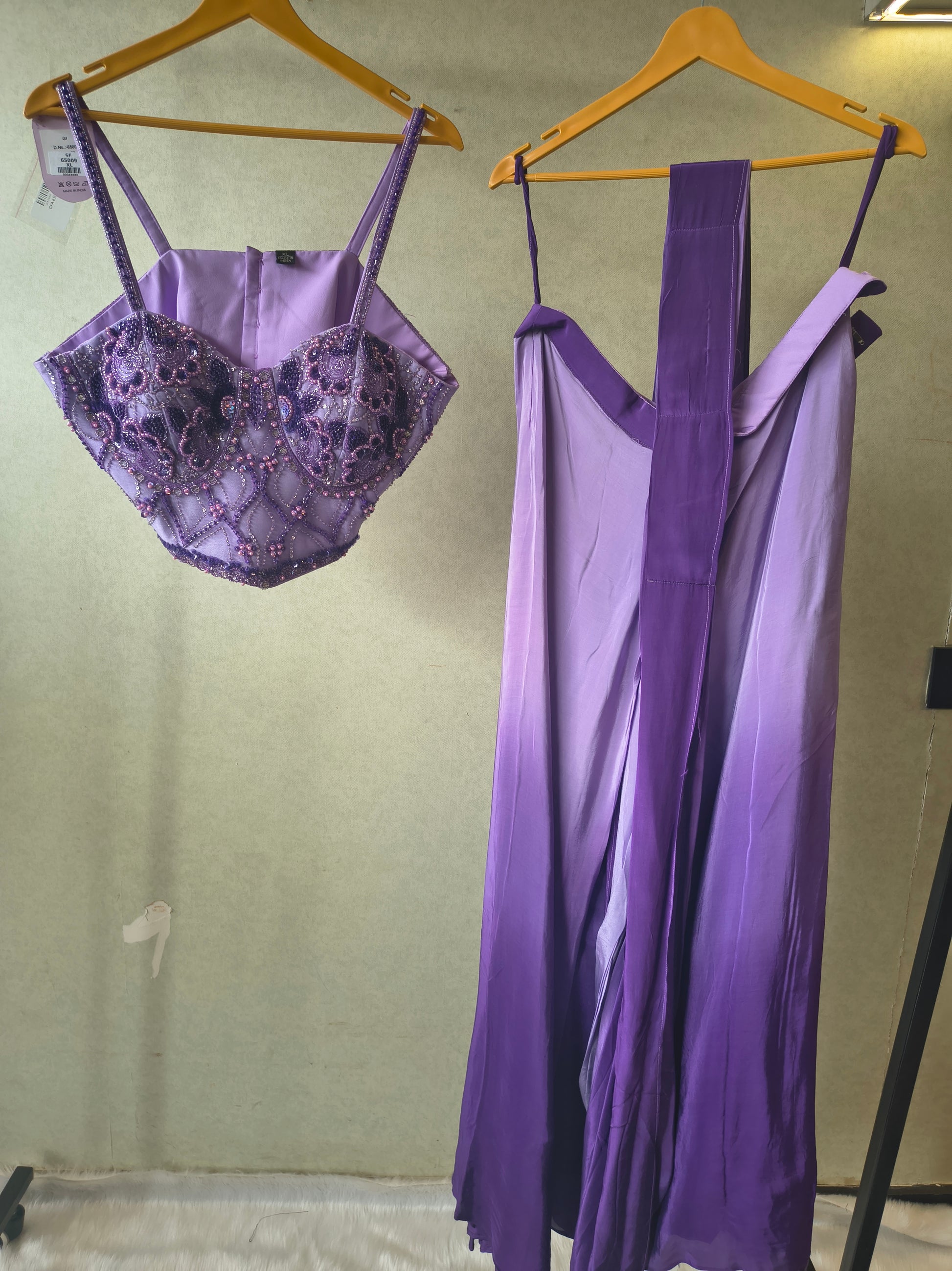 Lavender Embellished Corset Blouse with Drape Palazzo – Designer Indo-Western Party Wear Co-Ord Set
