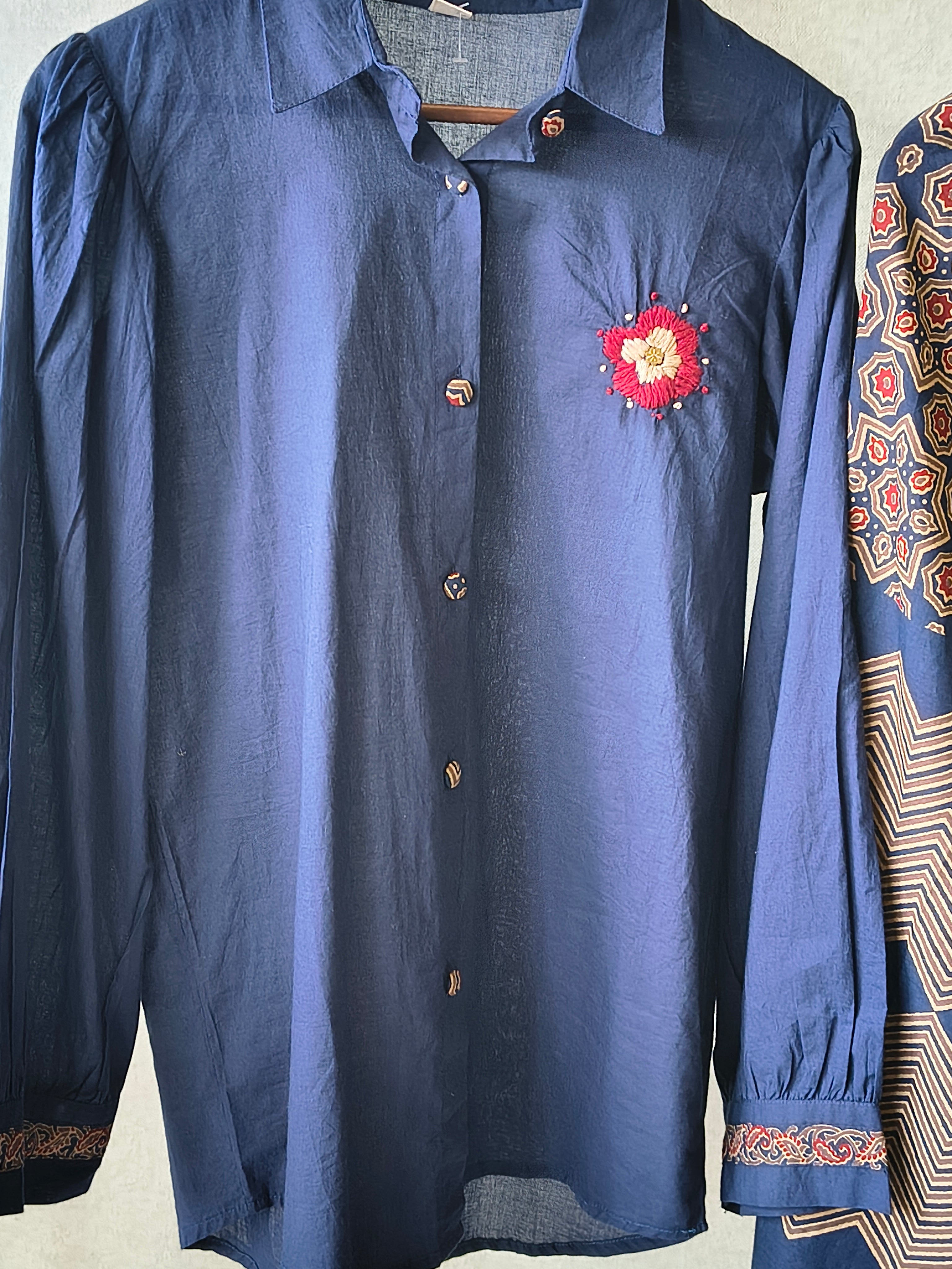 Image of Navy Blue Designer Shirt Co-Ord Set with Statement Printed Palazzo Pants
