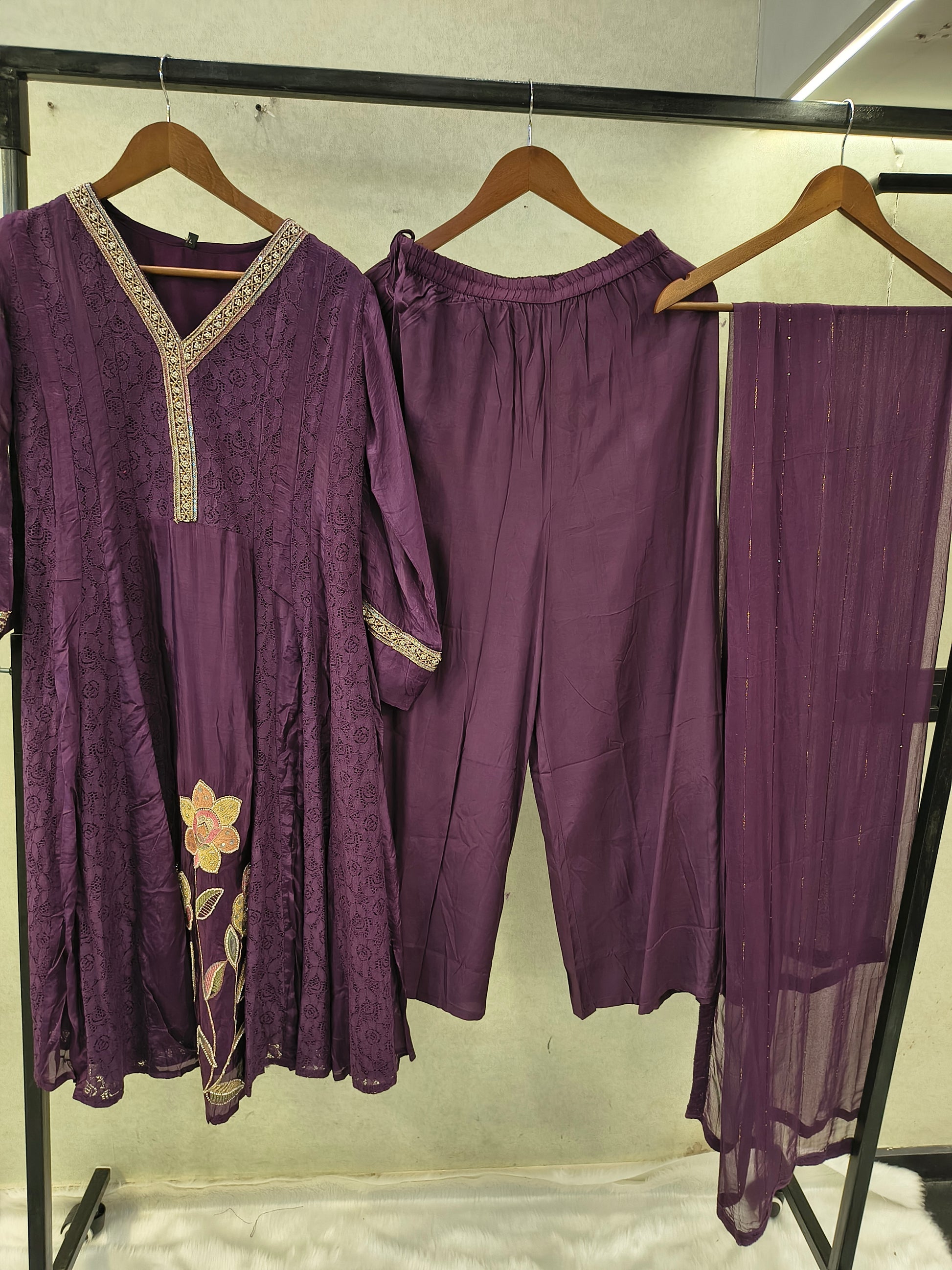 Royal Purple Designer Lace Panel Anarkali Kurta Set with Floral Embroidery & Sheer Dupatta | Premium 3 Piece Festive Ensemble