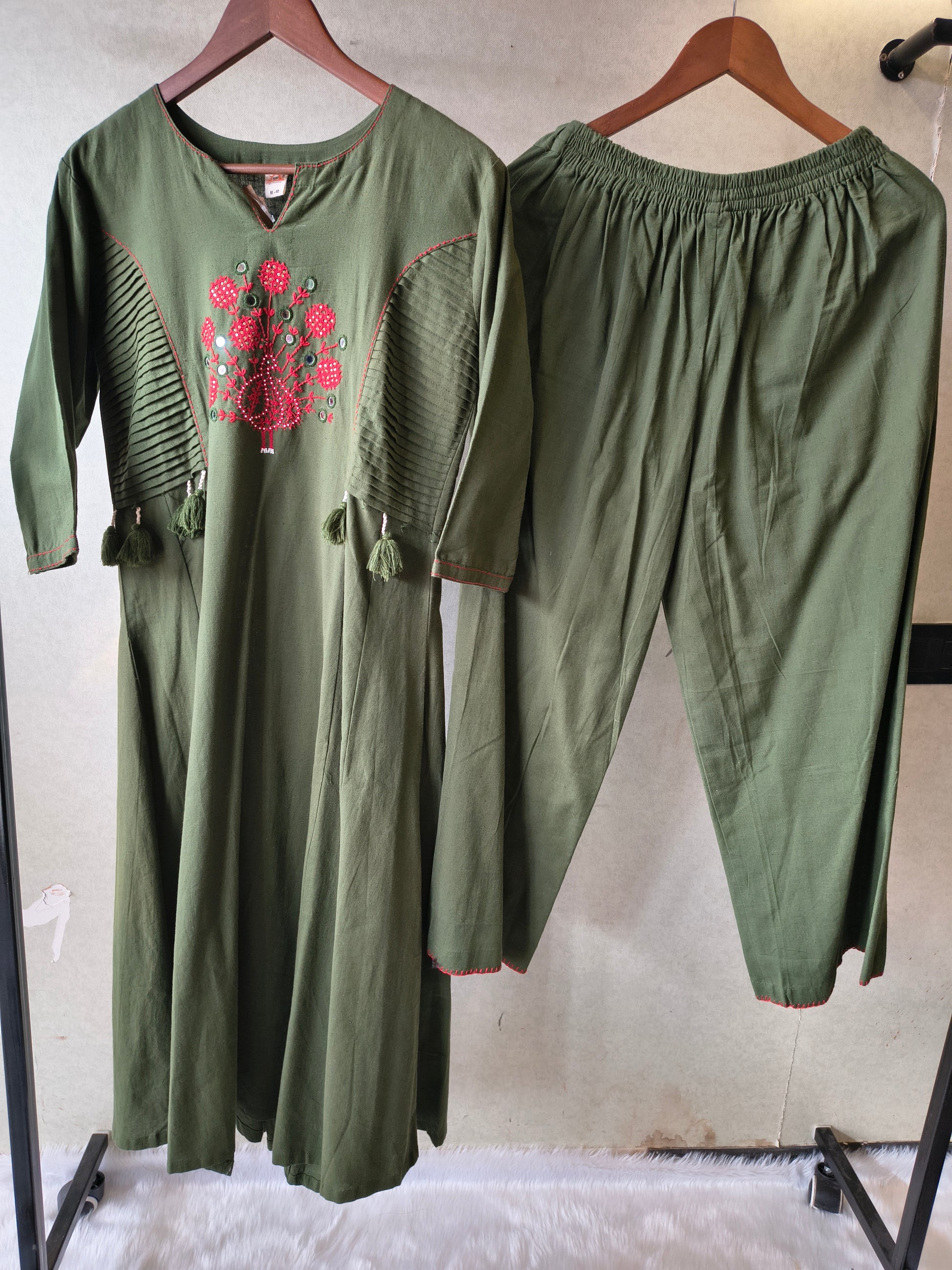 Tadko Olive Green Embroidered Cotton Kurta & Pant Co-Ord Set