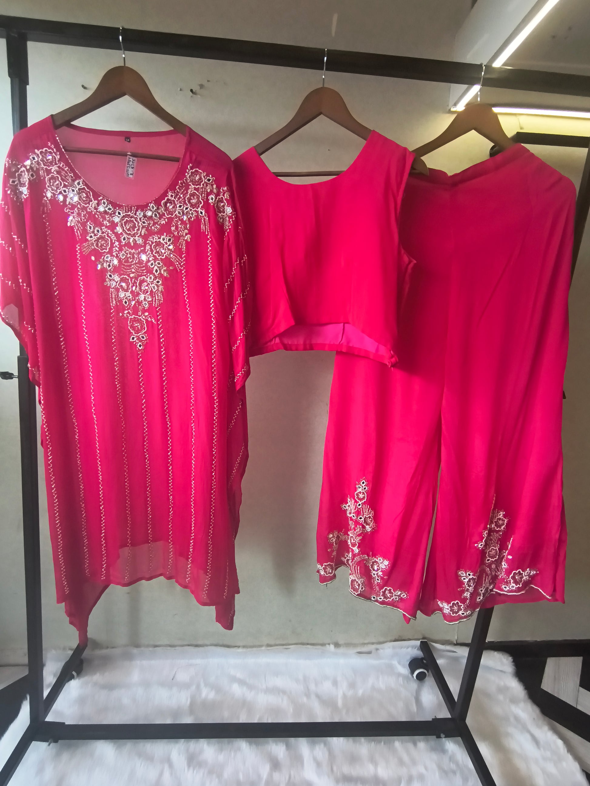 Hot Pink Mirror Embroidered Kaftan Co-Ord Set with Crop Top & Flared Palazzo – Designer 3 Piece Indo-Western Ensemble