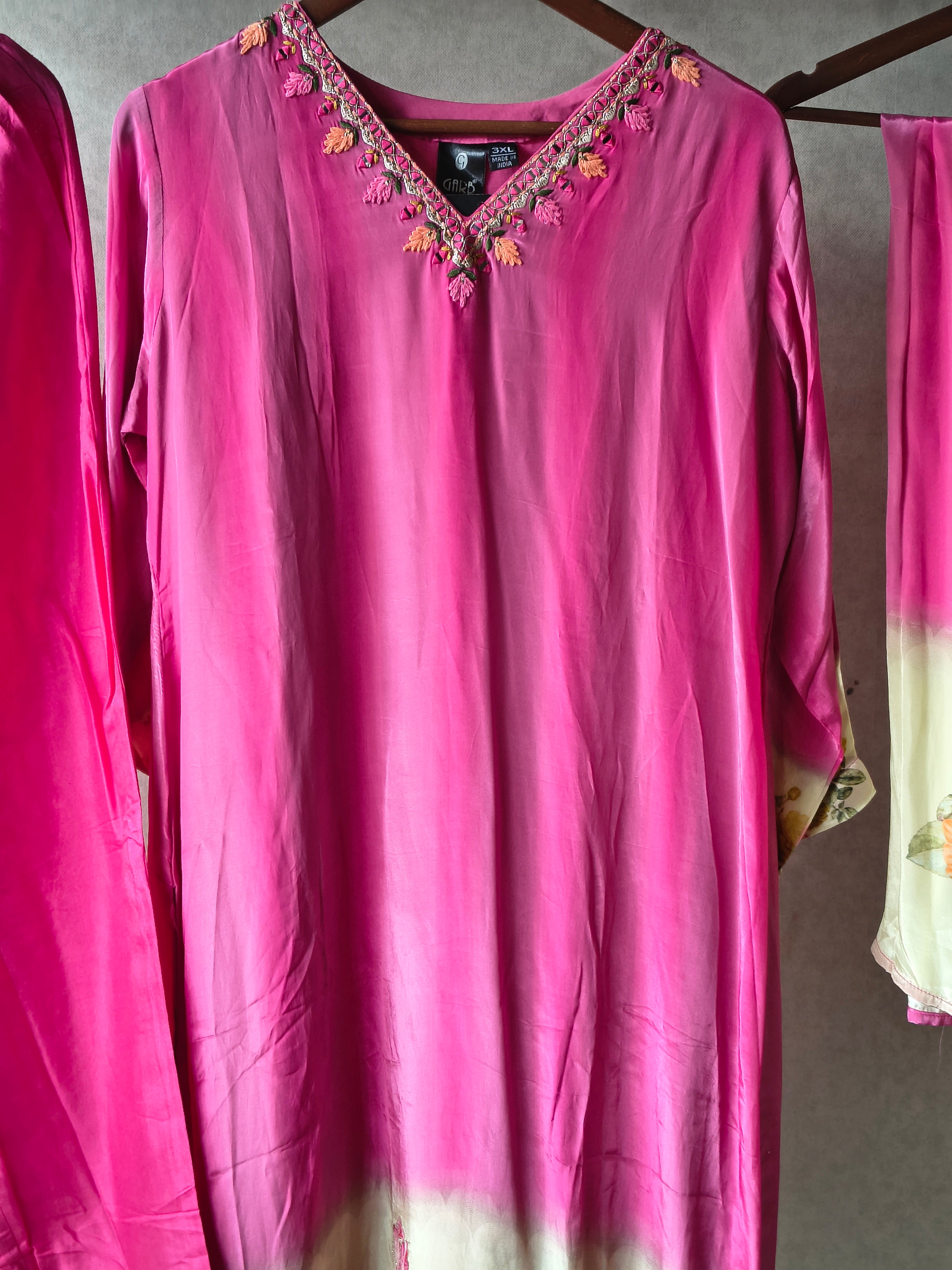 Image of Premium Fuchsia Pink Floral Embroidered Kurta Set with Printed Dupatta