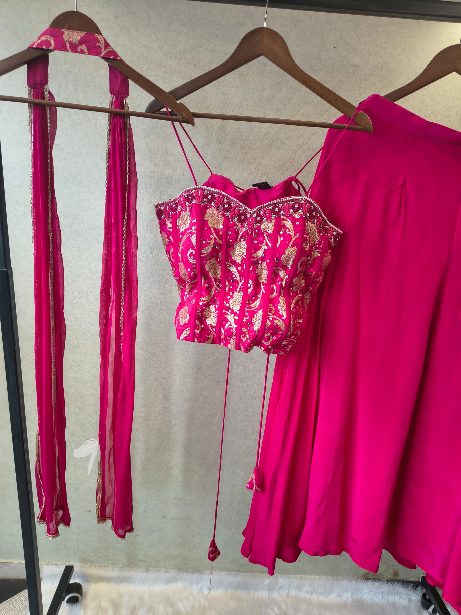 Luxury Rani Pink Corset Blouse with Flared Palazzo & Embellished Choker Dupatta – 3 Piece Designer Indo-Western Set