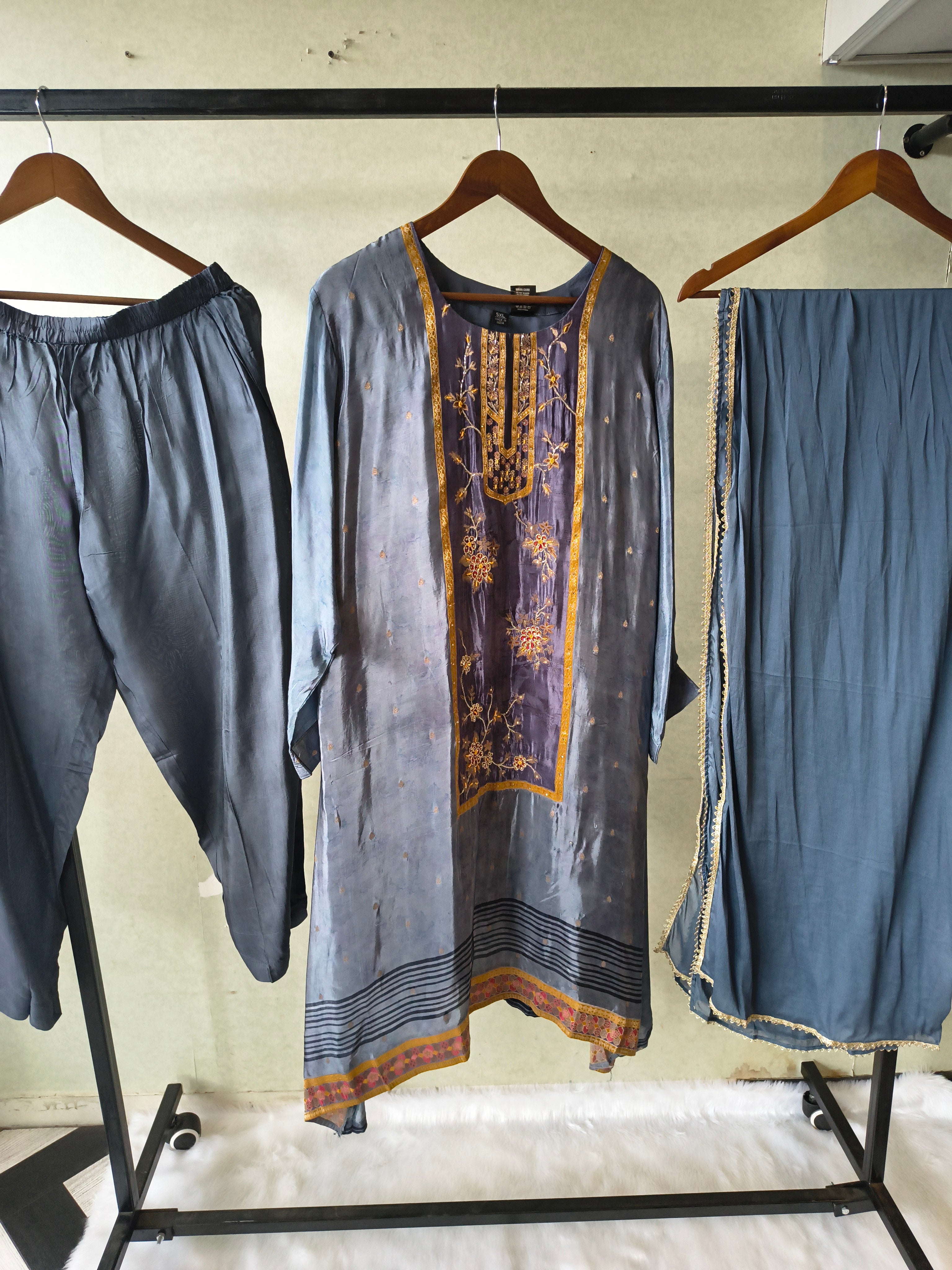 Image of Steel Blue Designer Silk Blend Embroidered Kurta Set with Pants & Dupatta