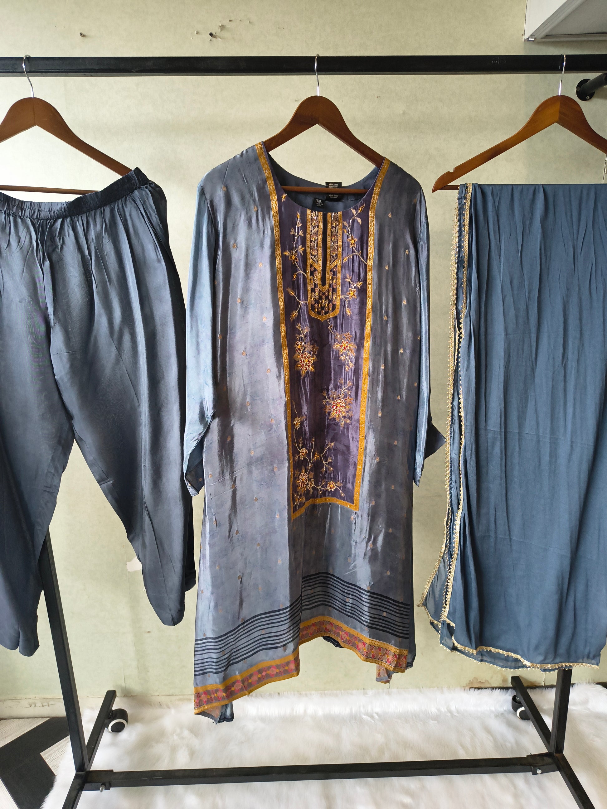 Steel Blue Designer Silk Blend Embroidered Kurta Set with Pants & Dupatta