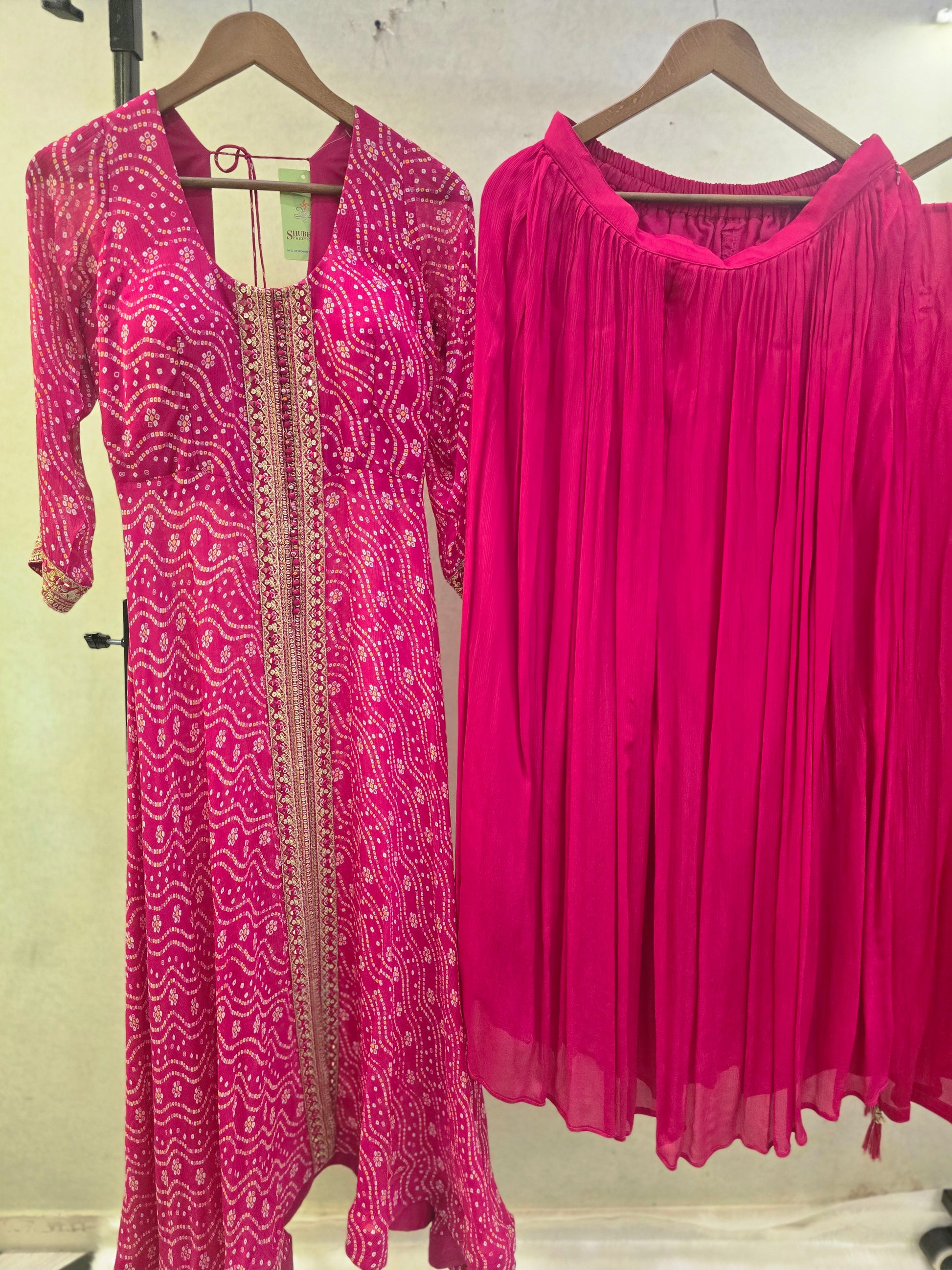 Rani Pink Bandhani Print Anarkali Kurta Set with Flared Palazzo & Chiffon Dupatta | Premium 3 Piece Ethnic Suit