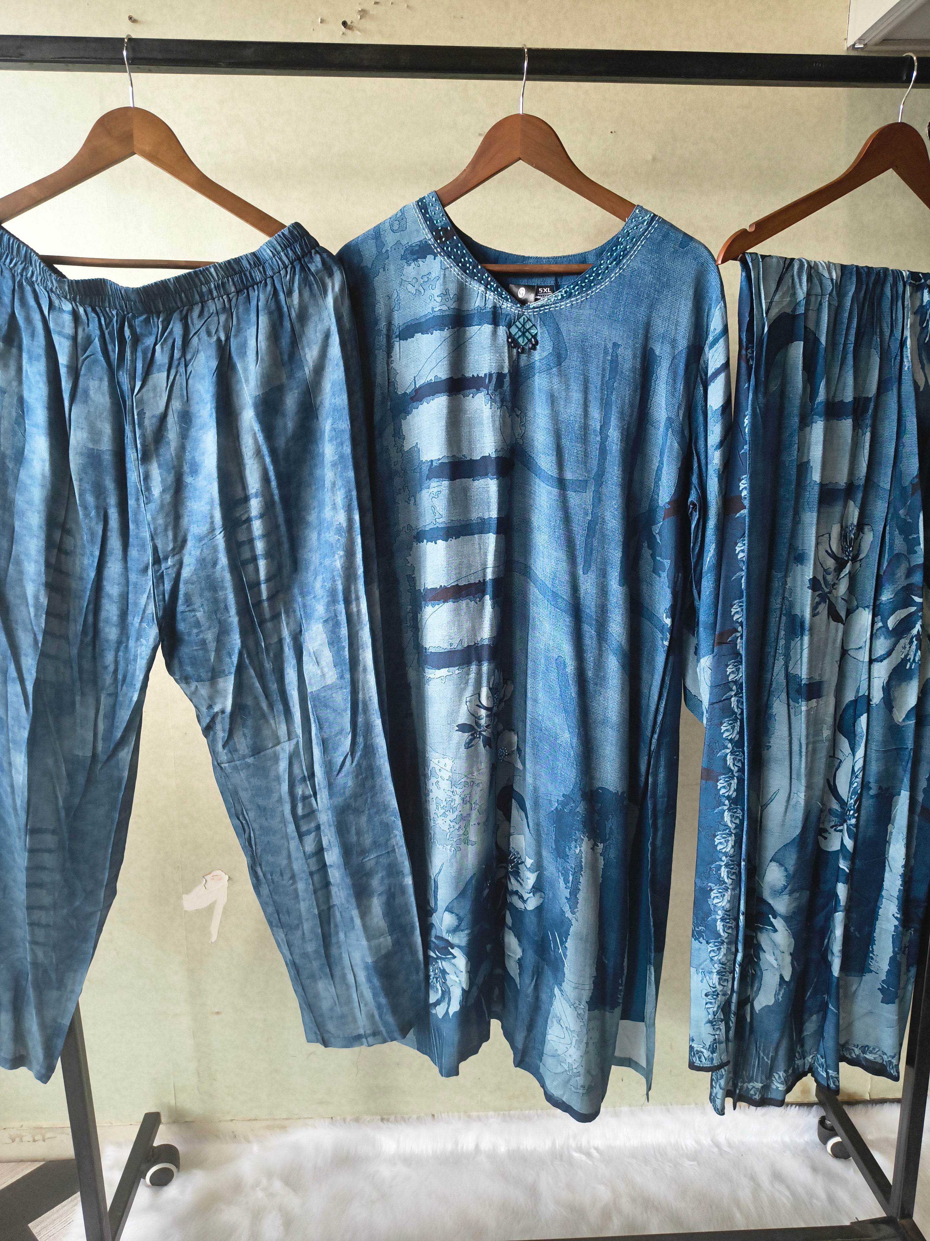 Image of Premium Teal Blue Abstract Printed Kurta Set with Pants & Dupatta