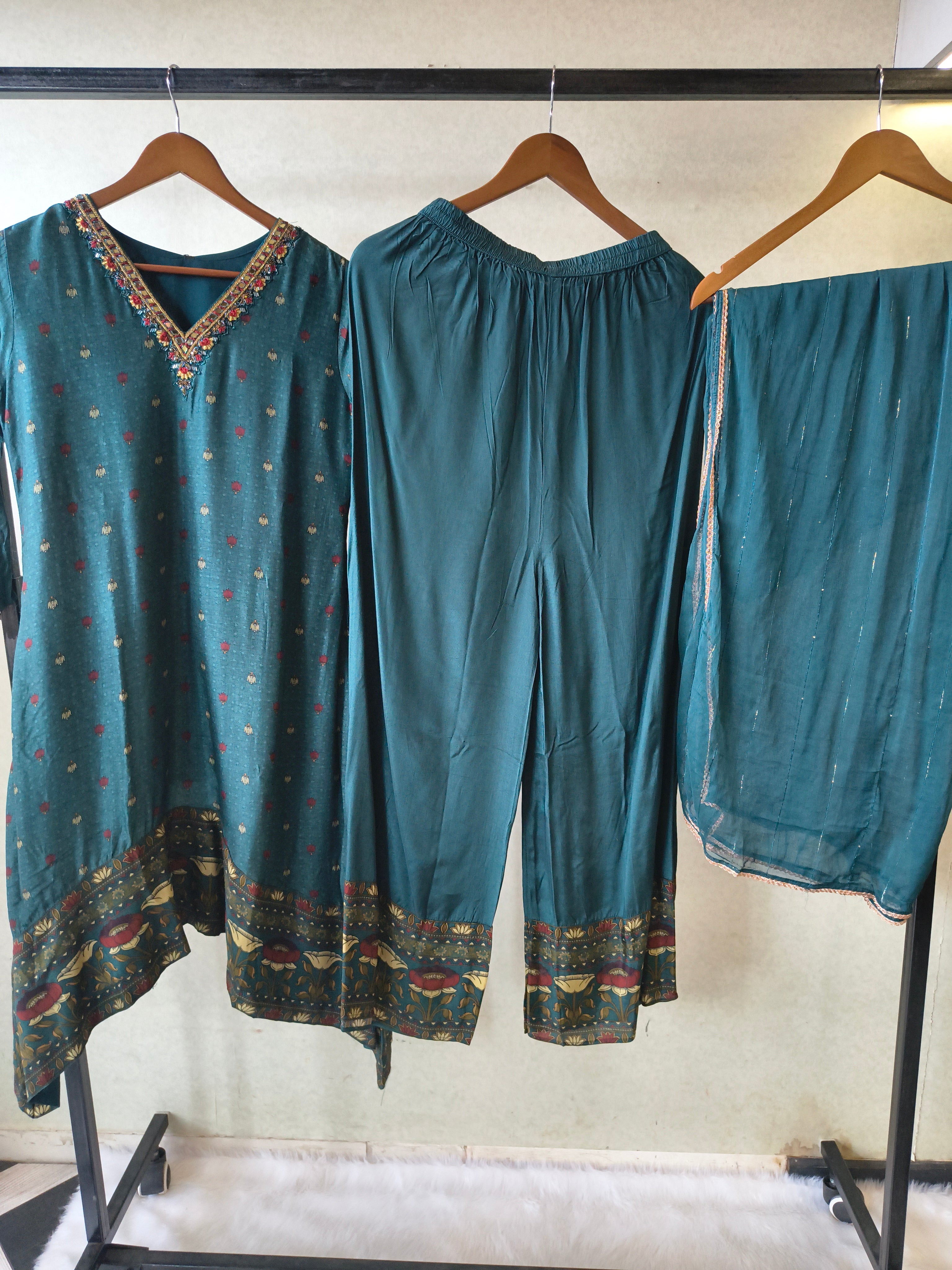 Image of Premium Teal Printed Straight Kurta with Palazzo & Dupatta Set