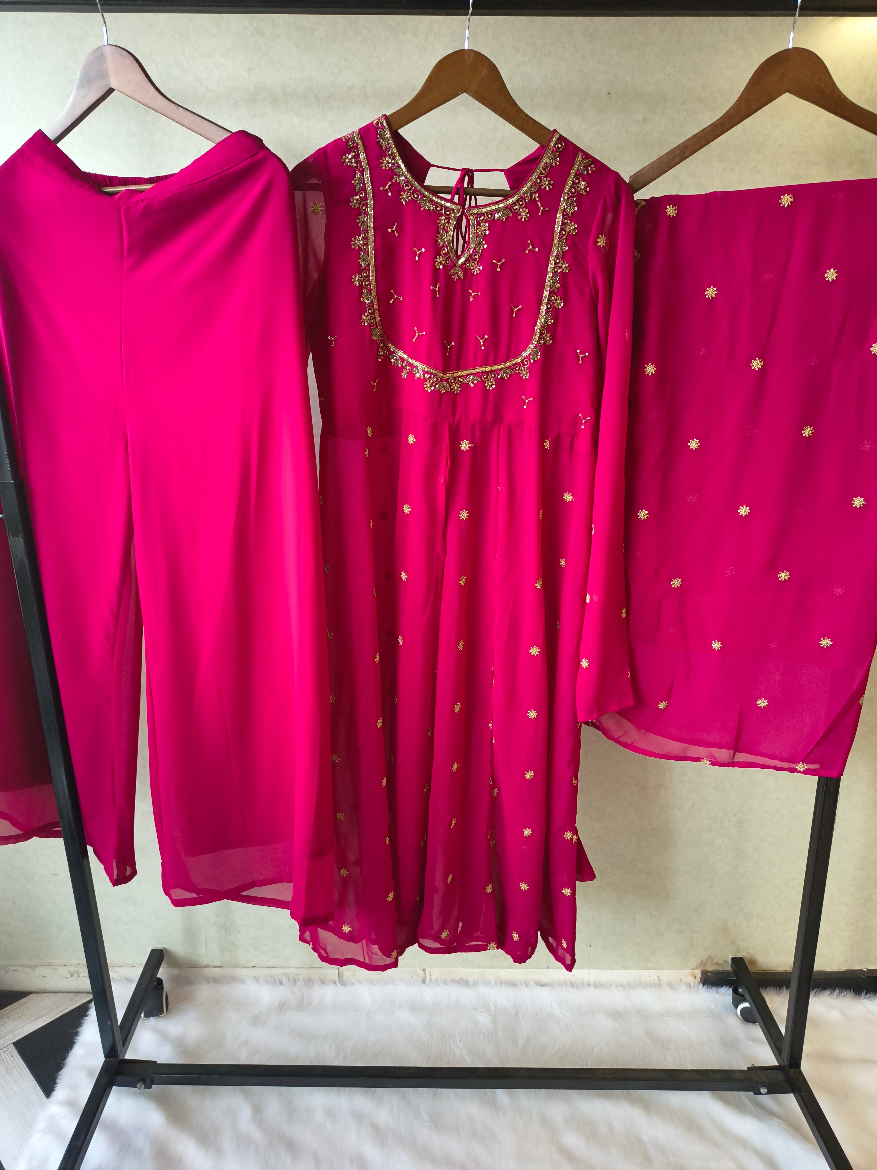 Image of Premium Fuchsia Pink Embroidered Kurta with Sharara & Embellished Dupatta Set