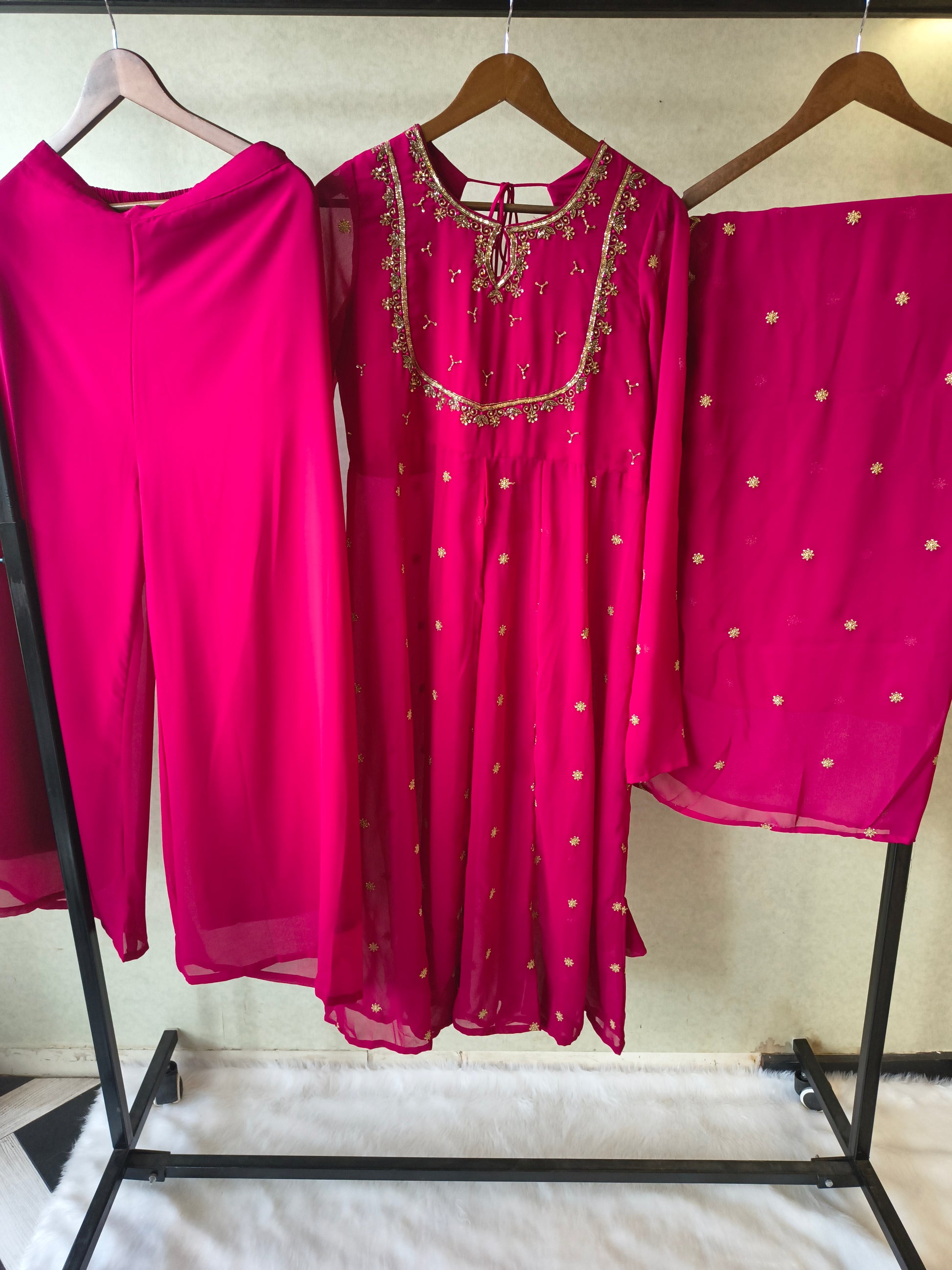Premium Fuchsia Pink Embroidered Kurta with Sharara & Embellished Dupatta Set