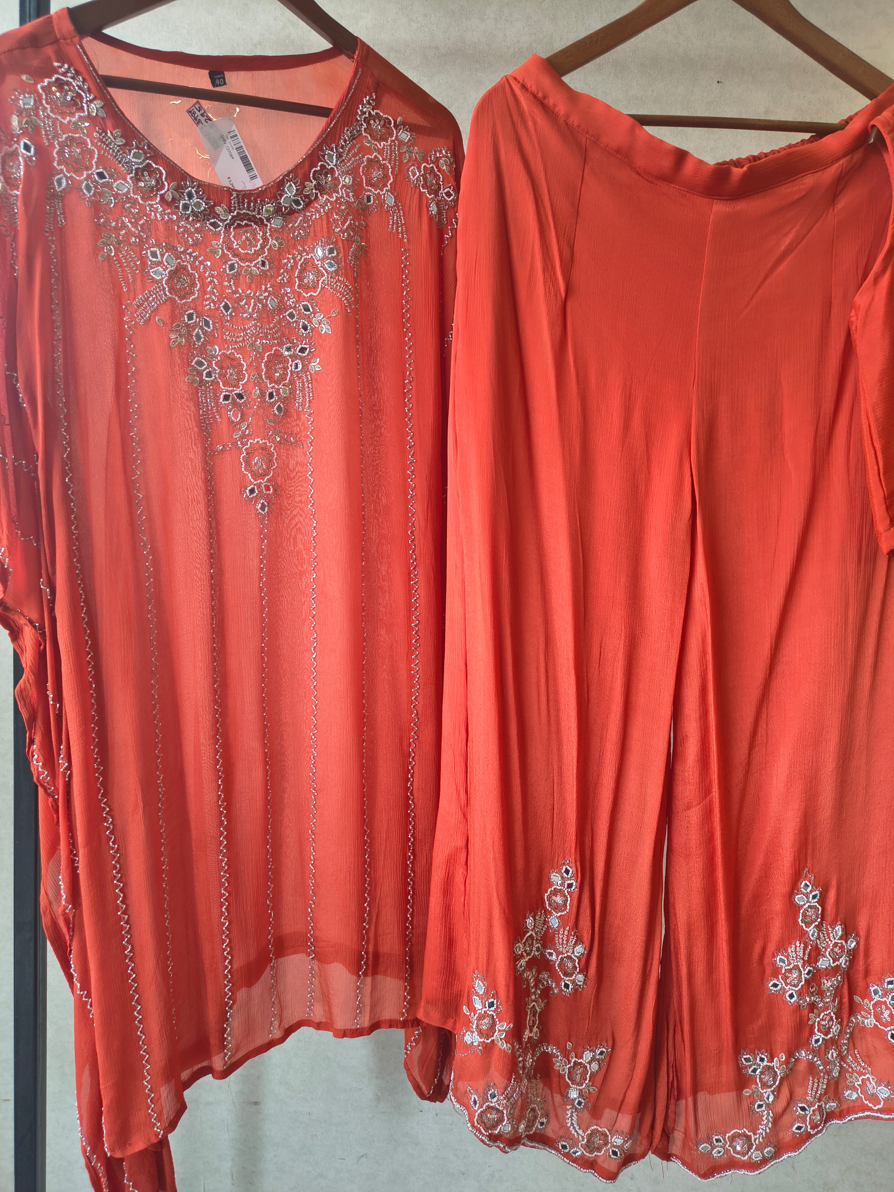Image of Rust Orange Embroidered Kaftan Co-Ord Set with Palazzo & Blouse – Designer 3 Piece Indo-Western Fusion Wear