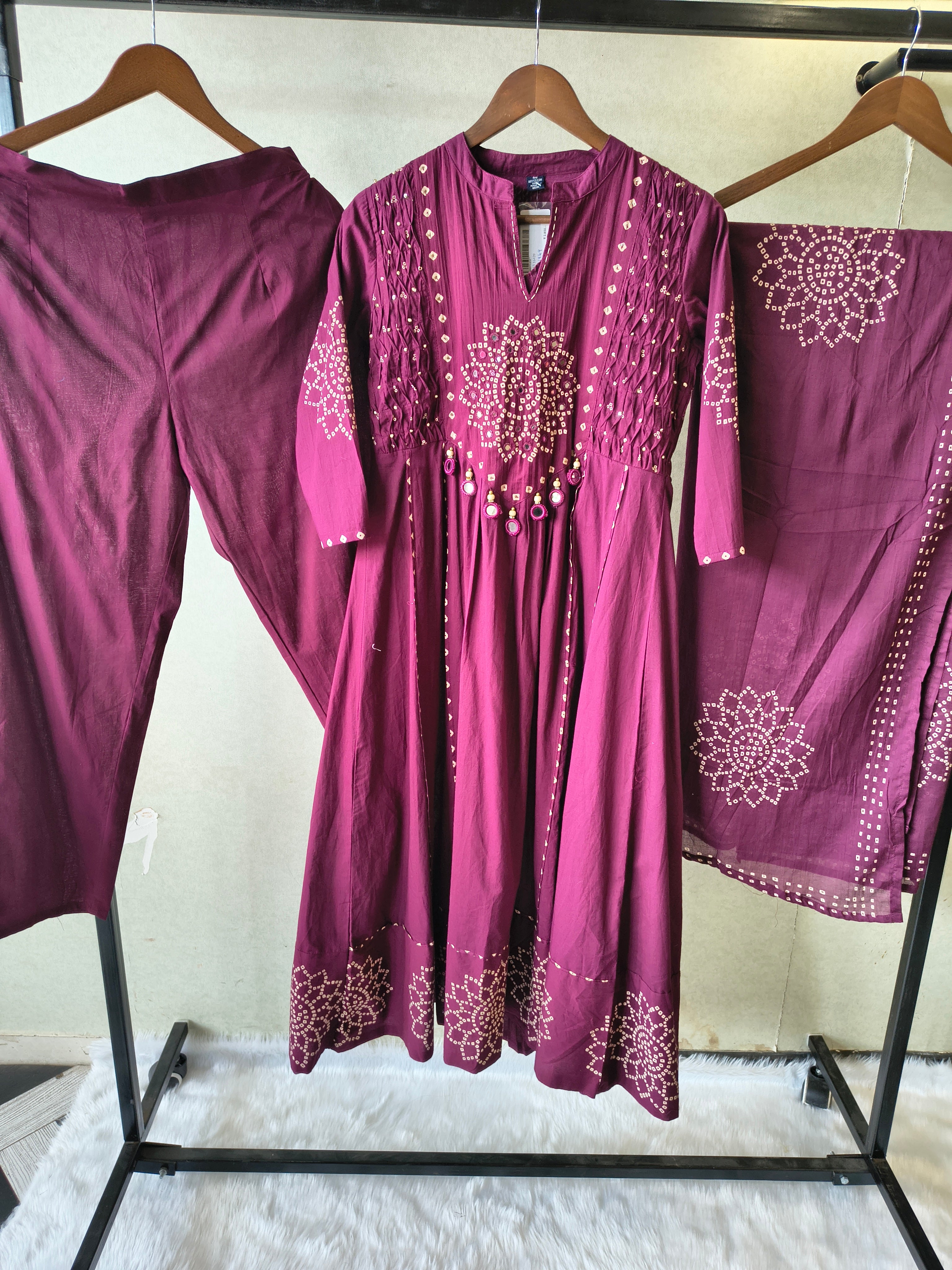 Image of Wine Cotton Anarkali Suit Set with Bandhani Print & Mirror Accent Dupatta