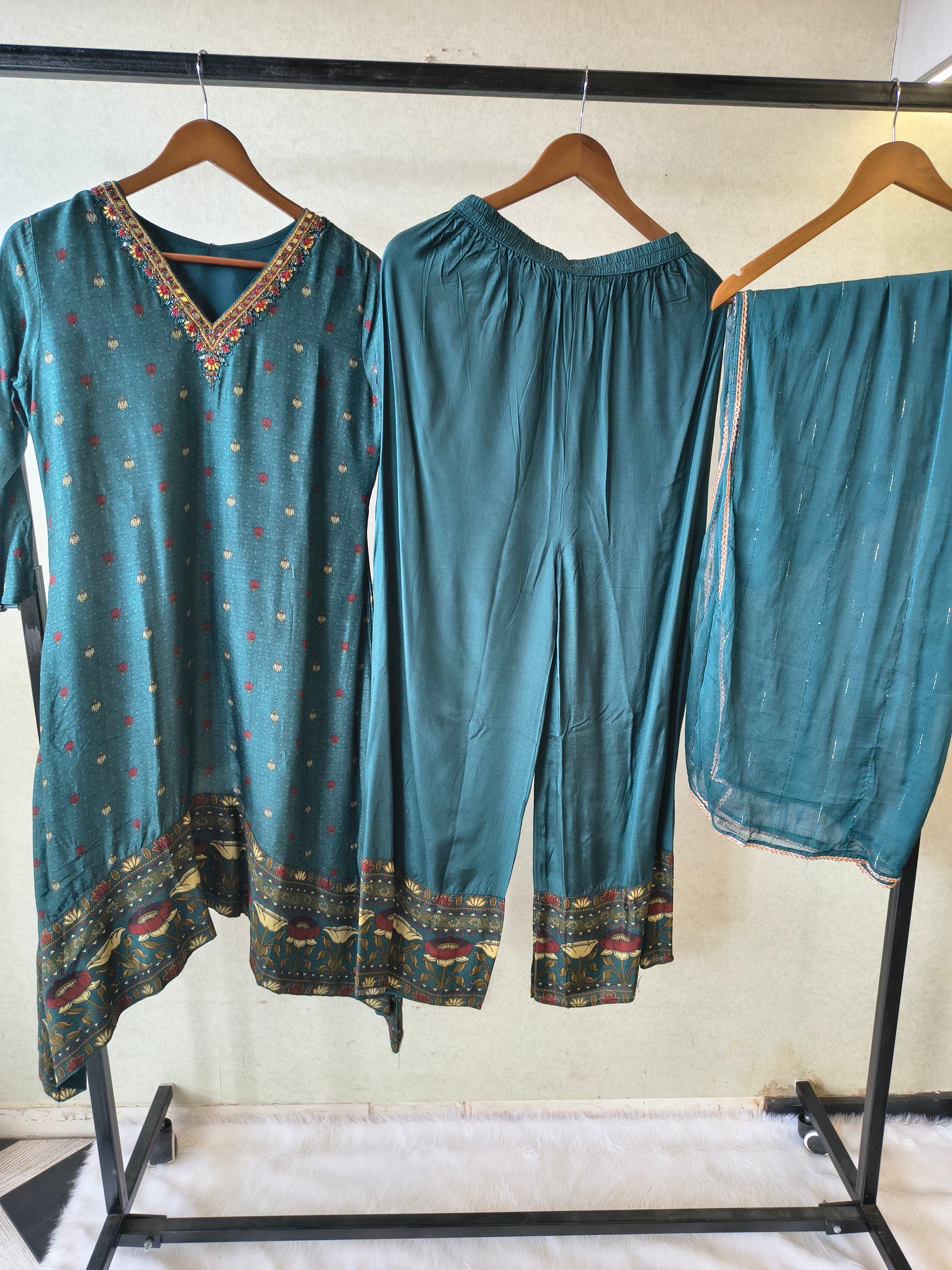 Premium Teal Printed Straight Kurta with Palazzo & Dupatta Set