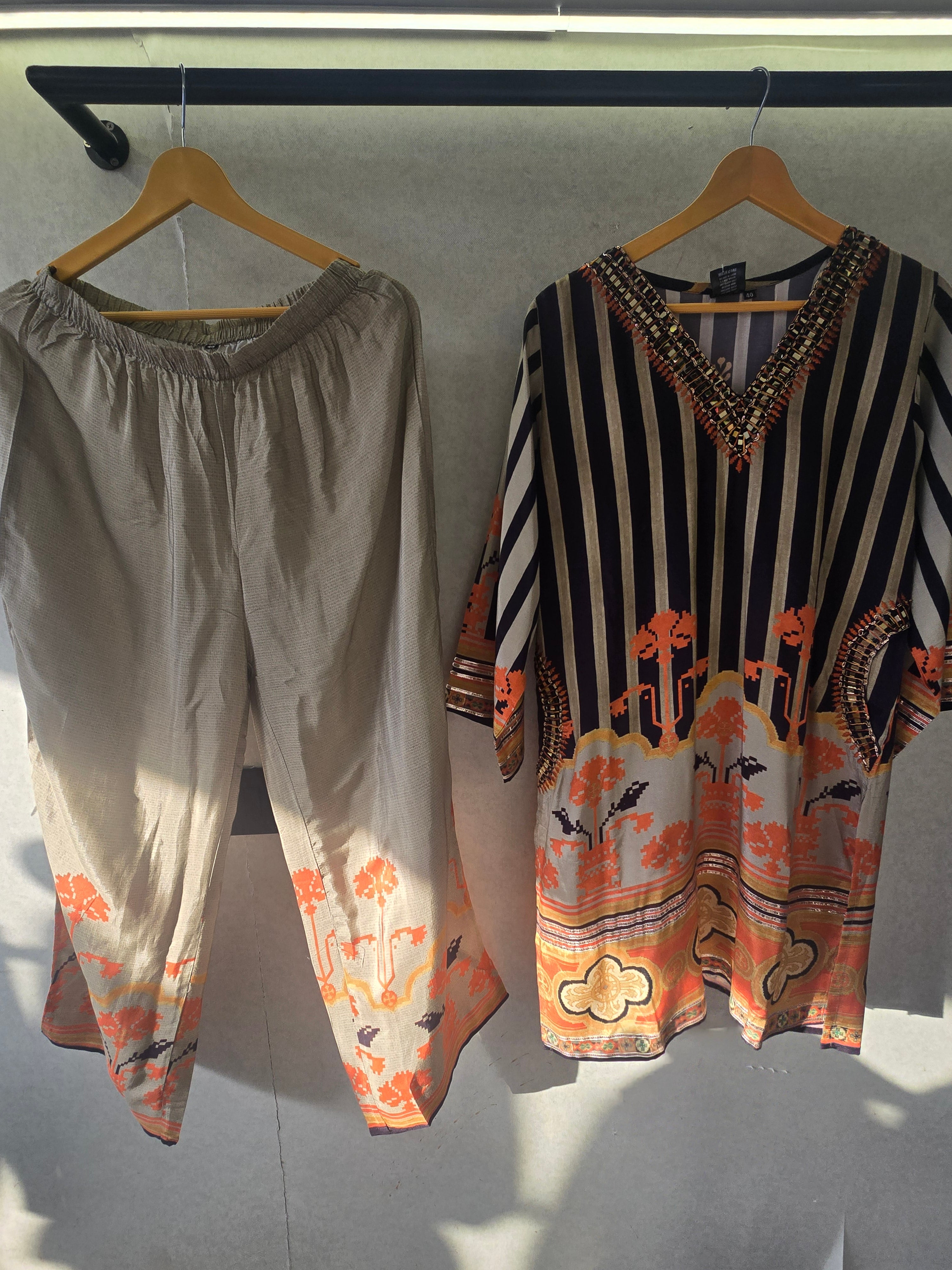 Image of Navy Stripe Mirror Work Kaftan Co-Ord Set