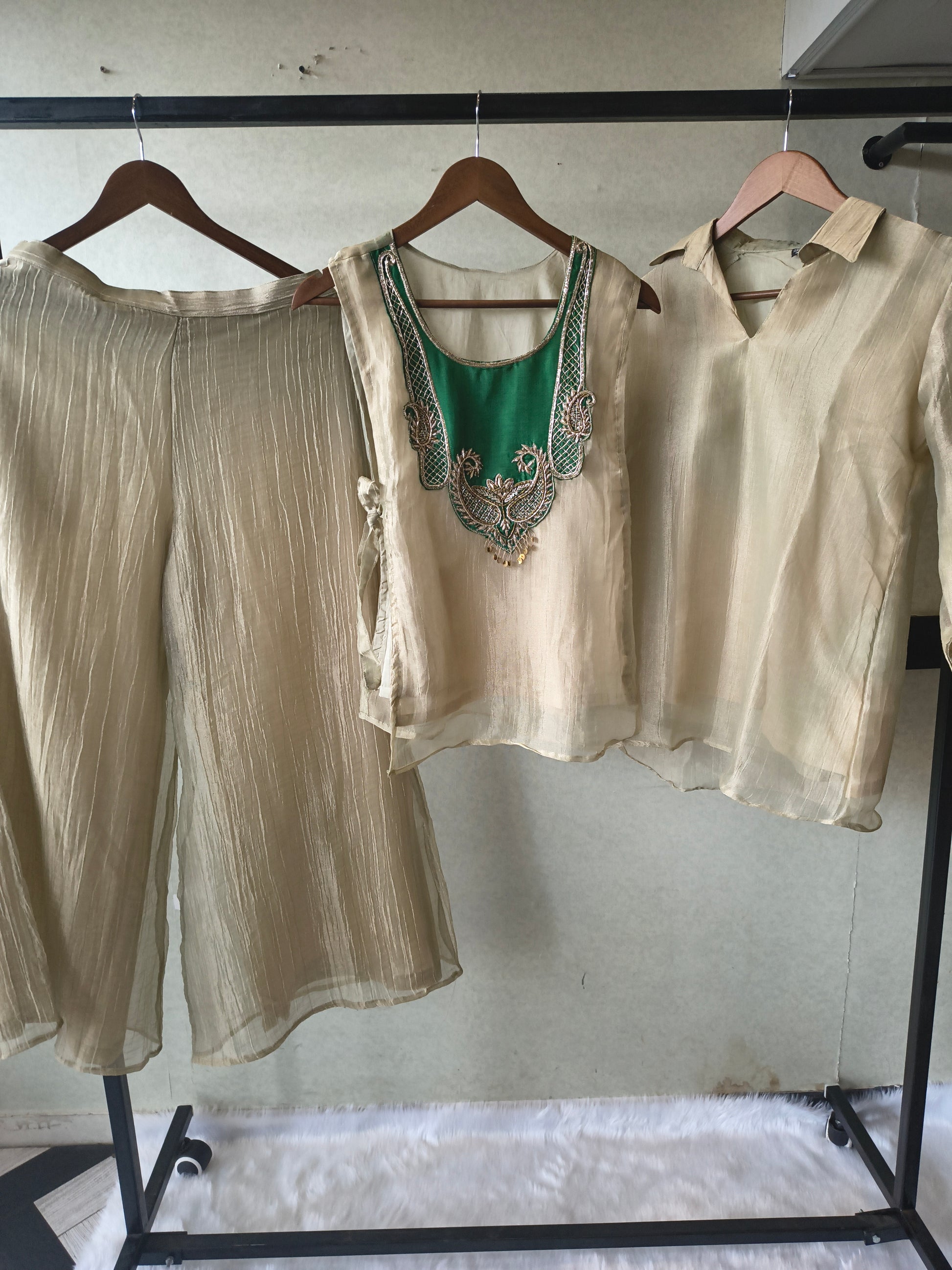 Premium Champagne Gold Tissue Silk 3-Piece Co-Ord Set with Emerald Hand Embellished Jacket, Inner & Palazzo