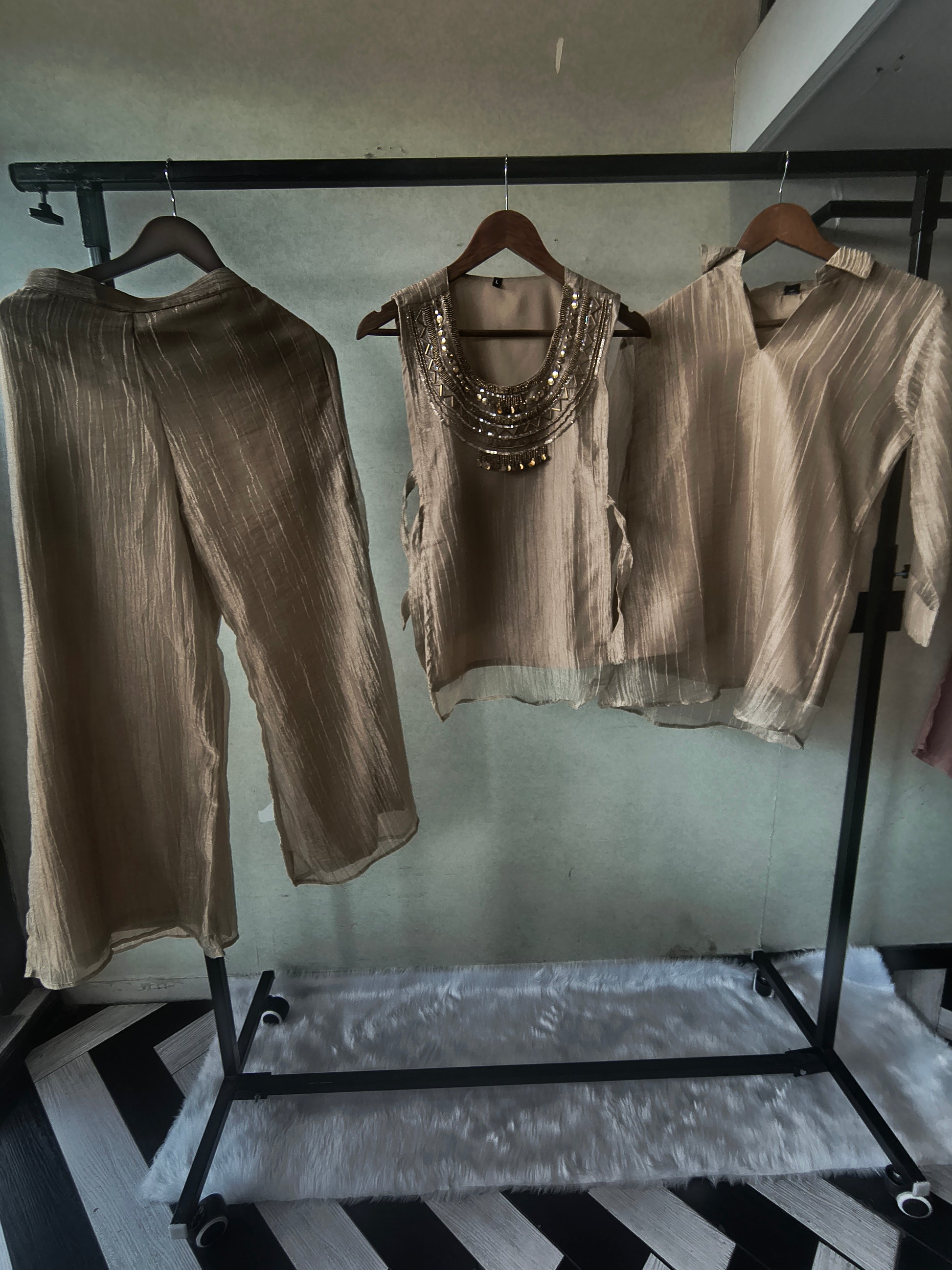 Premium Champagne Tissue Silk 3-Piece Co-Ord Set with Statement Hand Embellished Jacket, Inner & Palazzo